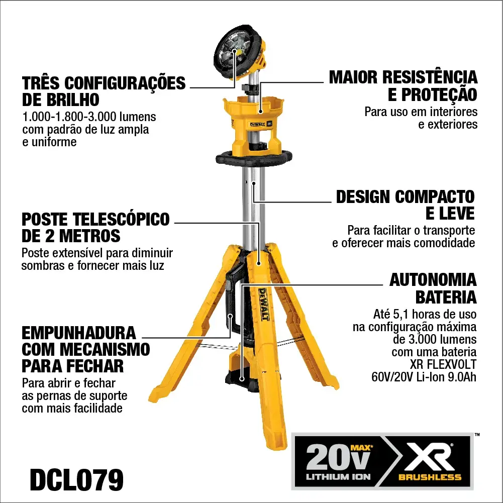 LUZ® TRIPÉ DEWALT LED XR® DE 18V (Apenas Ferramenta)