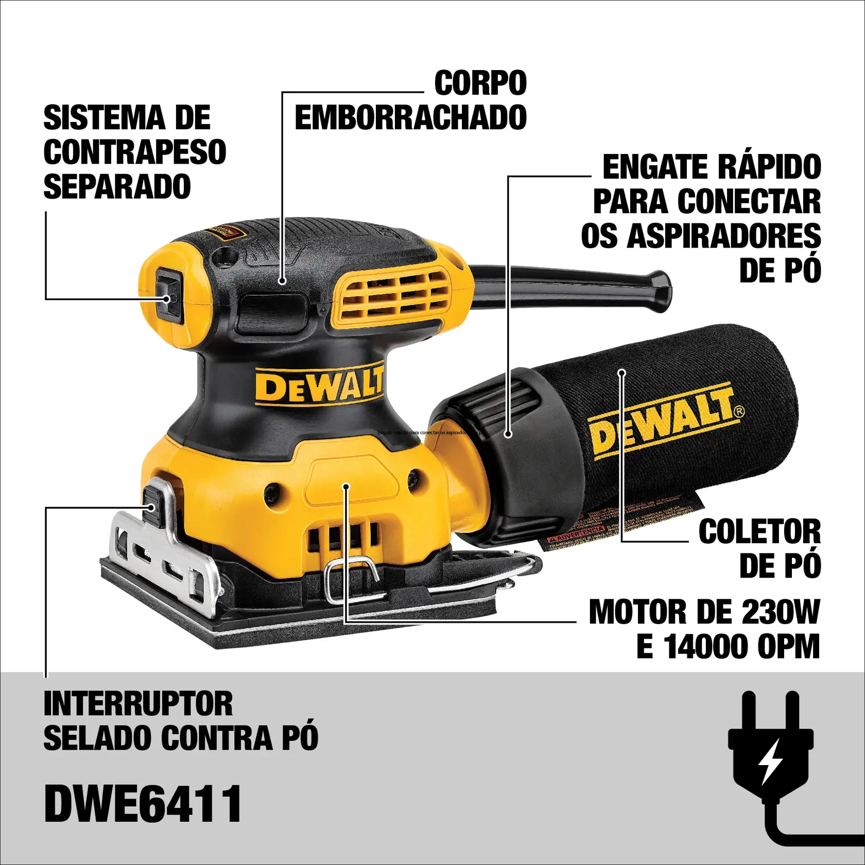 Close-up de uma pessoa usando uma lixadeira elétrica DEWALT DWE6411 amarela e preta para nivelar uma superfície de madeira ao ar livre. A pessoa está usando luvas de proteção.