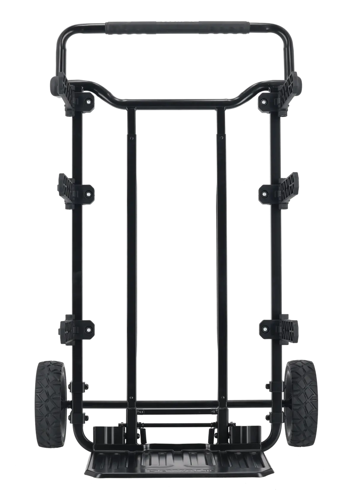 Um carrinho de mão preto DEWALT com duas rodas grandes e uma base plana para transportar itens, mostrado de frente sobre um fundo branco.