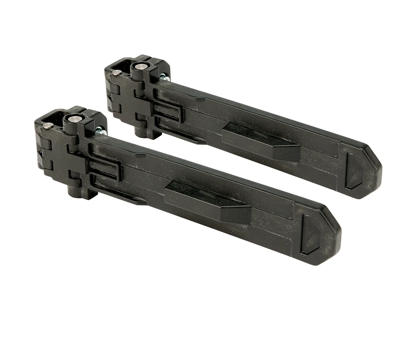 Dois suportes de montagem de plástico preto DEWALT para equipamentos de fotografia, mostrados lado a lado em fundo branco.
