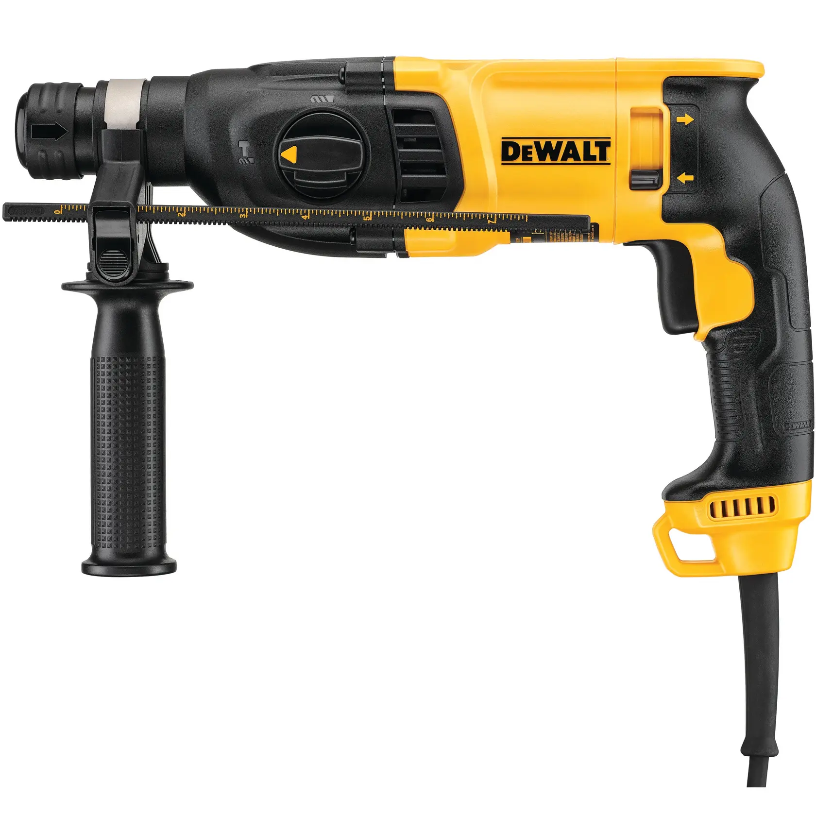 Furadeira de martelete com fio DEWALT D25133K, com design preto e amarelo, incluindo cabo lateral e guia de profundidade.