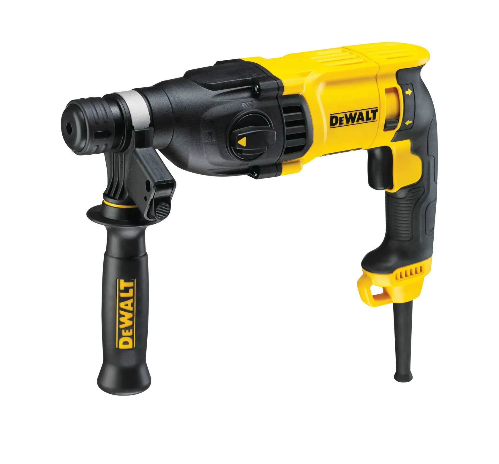 Um martelete rotativo com fio DEWALT amarelo e preto com cabo ergonômico e alça lateral auxiliar, exibido sobre um fundo branco.
