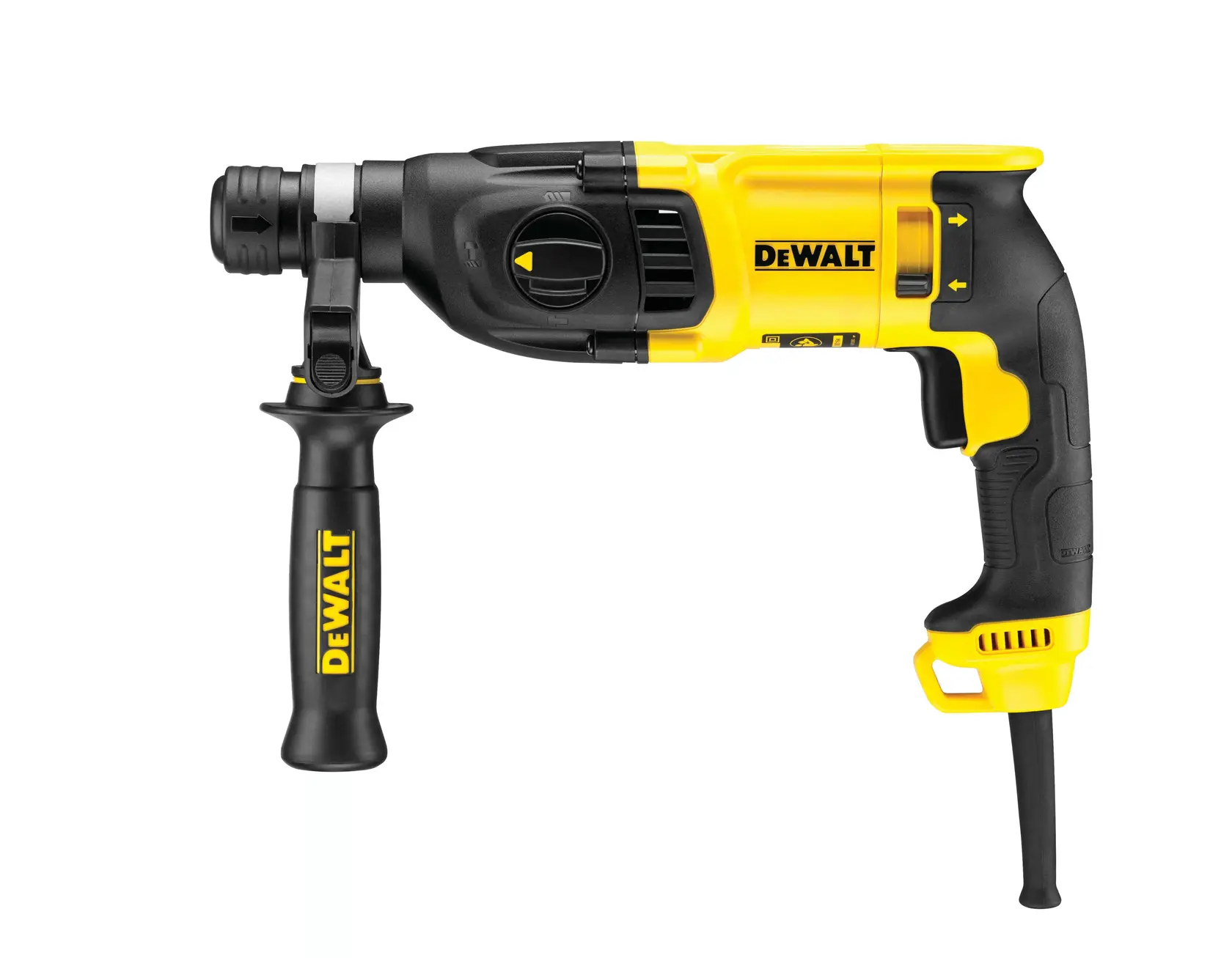 Um martelo rotativo com fio DEWALT e alça lateral, apresentado nas cores amarelo e preto.