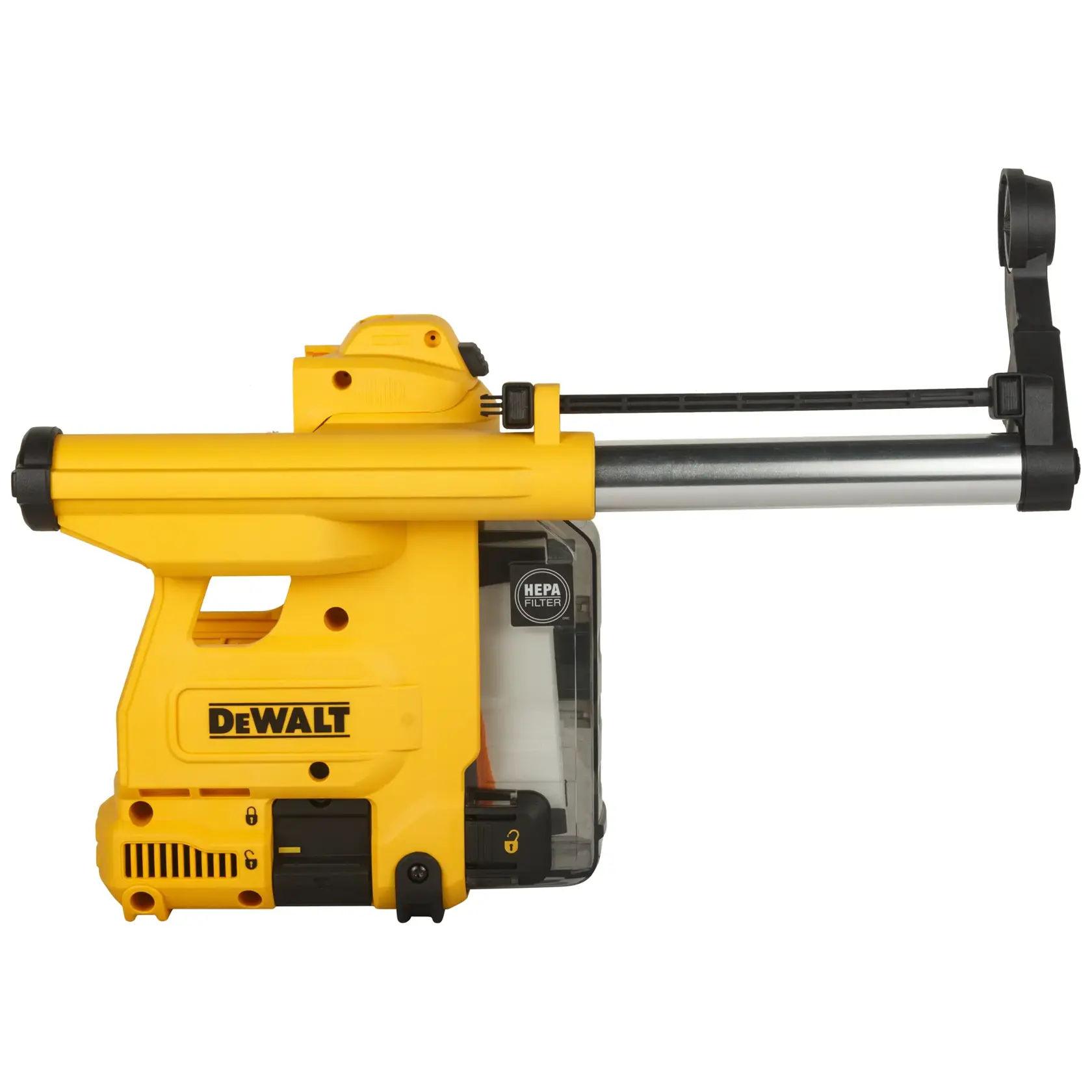 Mangote DEWALT D25304DH amarelo para extração de pó com filtro HEPA, visão lateral.