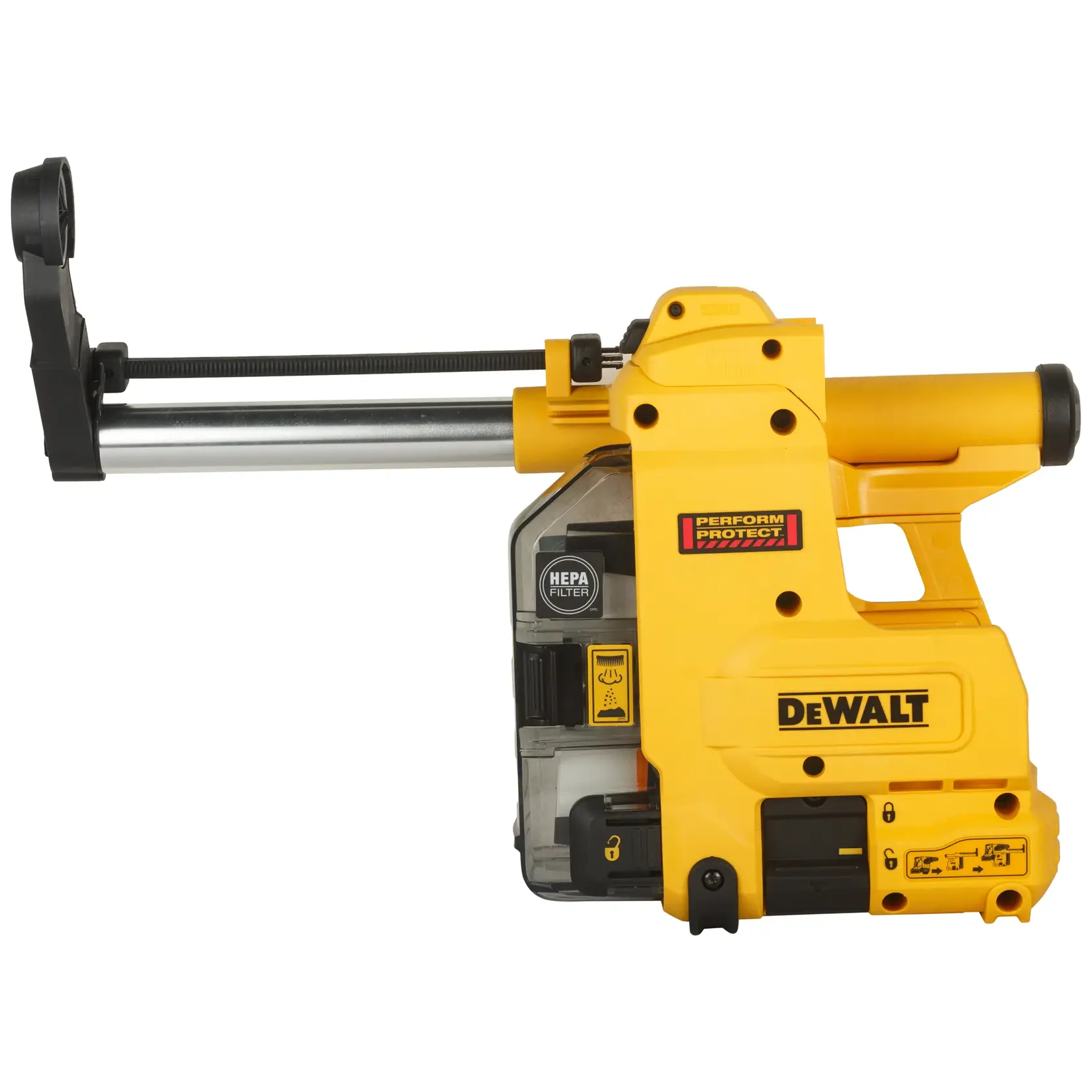 Extrator de pó amarelo DEWALT D25304DH com filtro HEPA para furadeiras, coleta eficiente de pó.