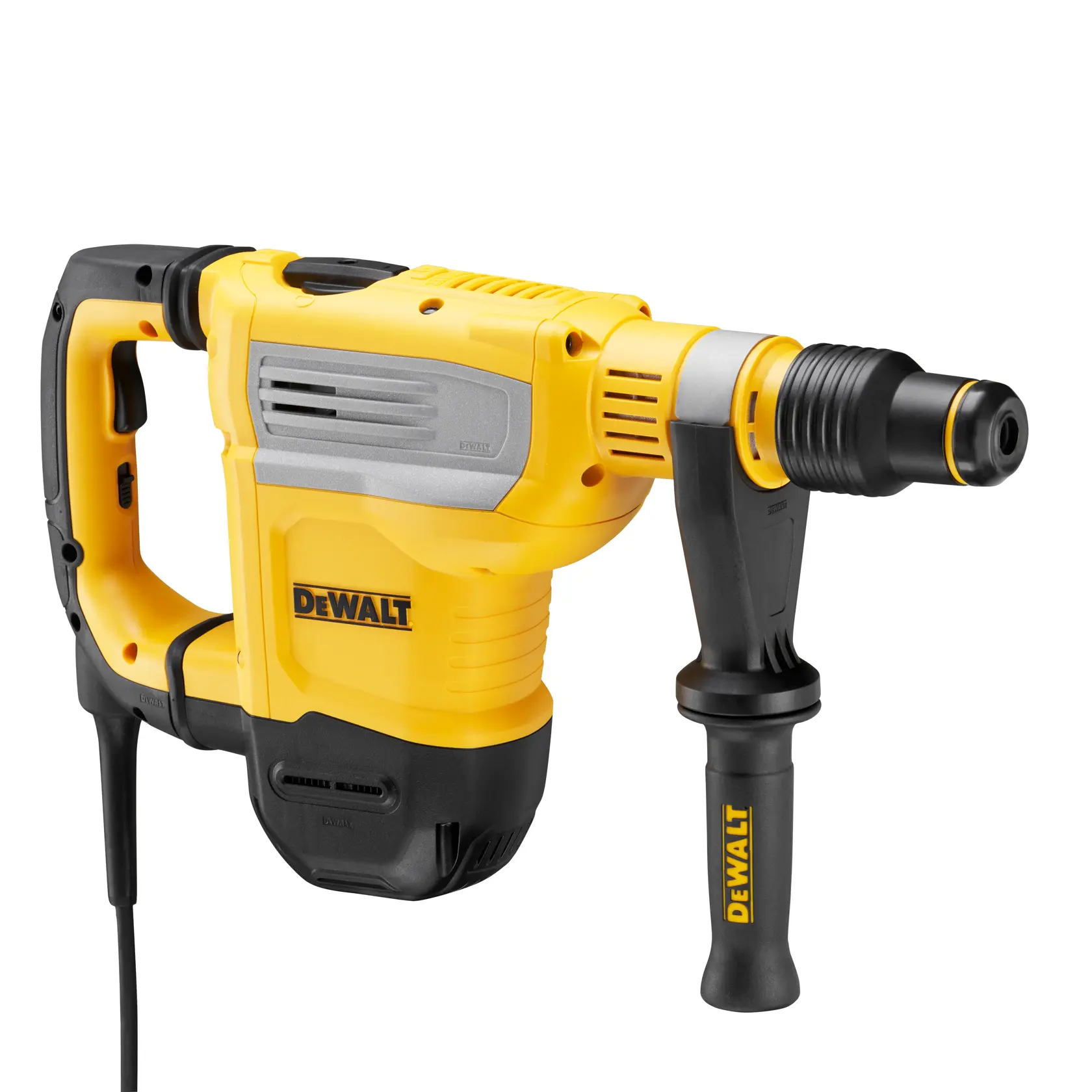 Um martelete rotativo com fio DEWALT, com corpo amarelo e preto, alça lateral e mandril compatível com SDS. O produto é ideal para tarefas pesadas de construção e perfuração.