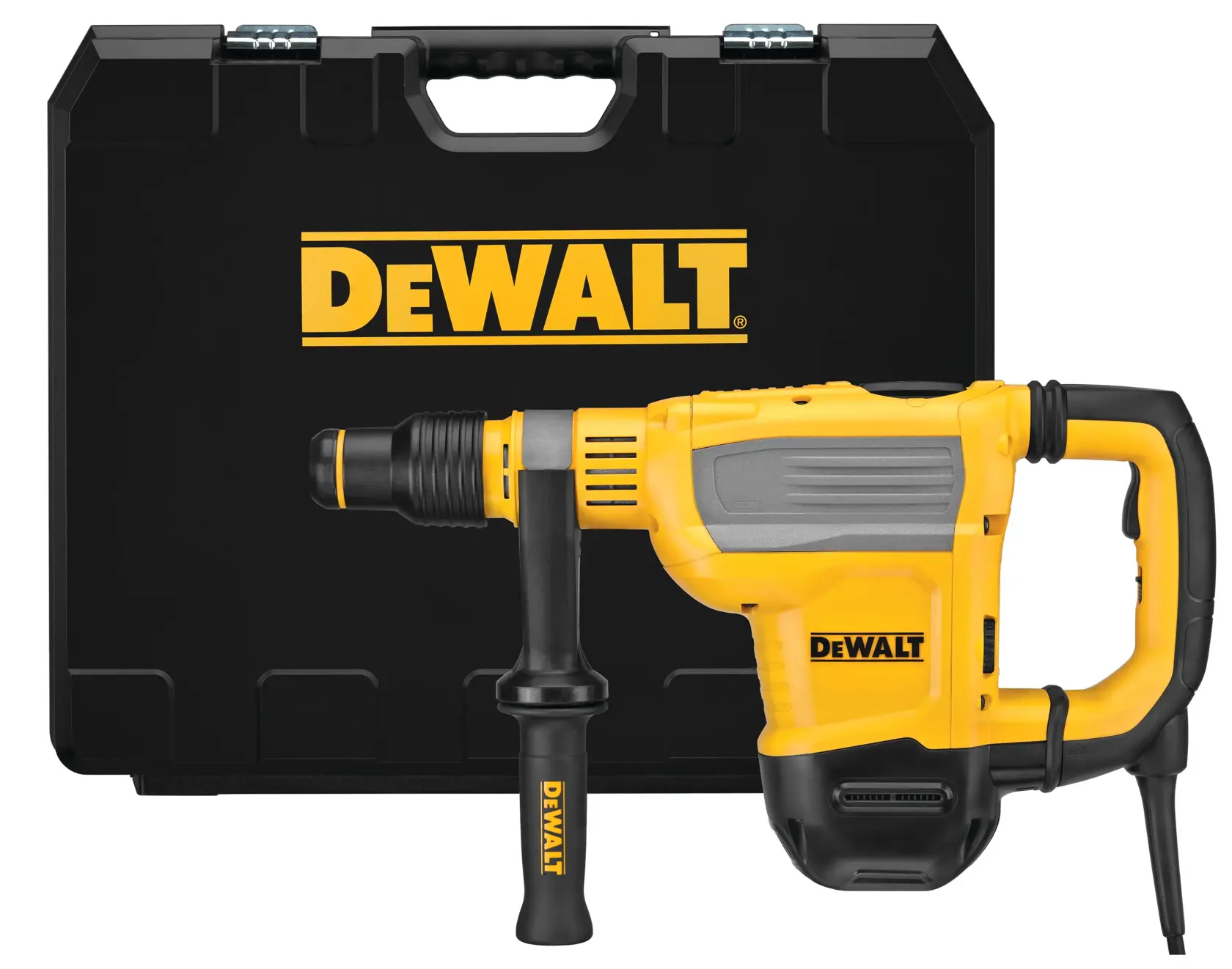 Um martelete rotativo amarelo e preto da DEWALT com alça auxiliar, colocado em frente a uma maleta de transporte preta com o logotipo DEWALT.