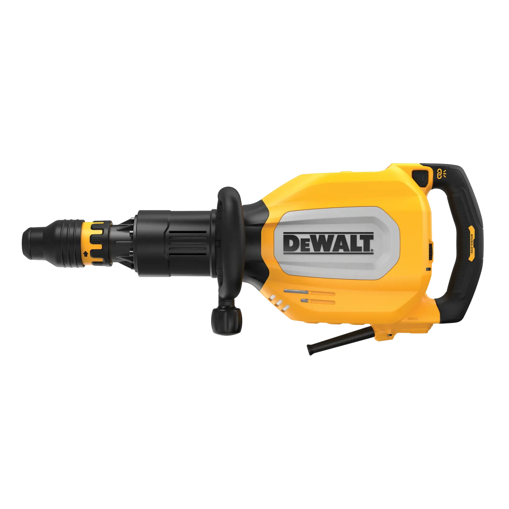 Close-up da ferramenta DEWALT D25911K mostrando o design da alça principal traseira, com a palavra 'BRUSHLESS' na alça e texto amarelo na parte inferior dizendo 'REAR MAIN HANDLE DESIGN'.
