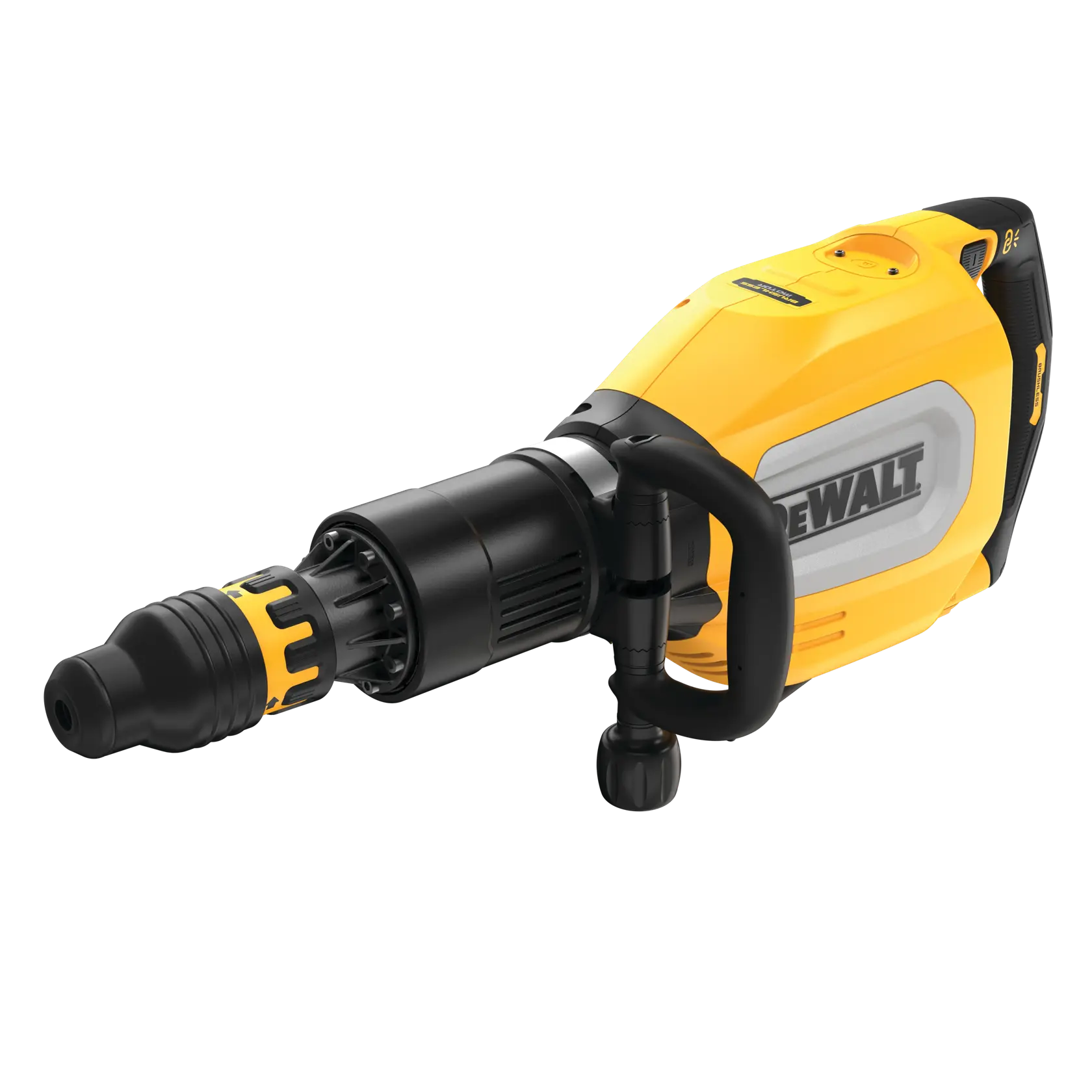 Close-up do cabo de uma ferramenta elétrica DEWALT mostrando um seletor de velocidade variável, etiqueta 'Brushless' e adesivo 'Perform Protect'. A ferramenta é amarela e preta com o logotipo DEWALT em destaque. O texto abaixo diz 'VARIABLE SPEED DIAL' em letras amarelas e negrito.