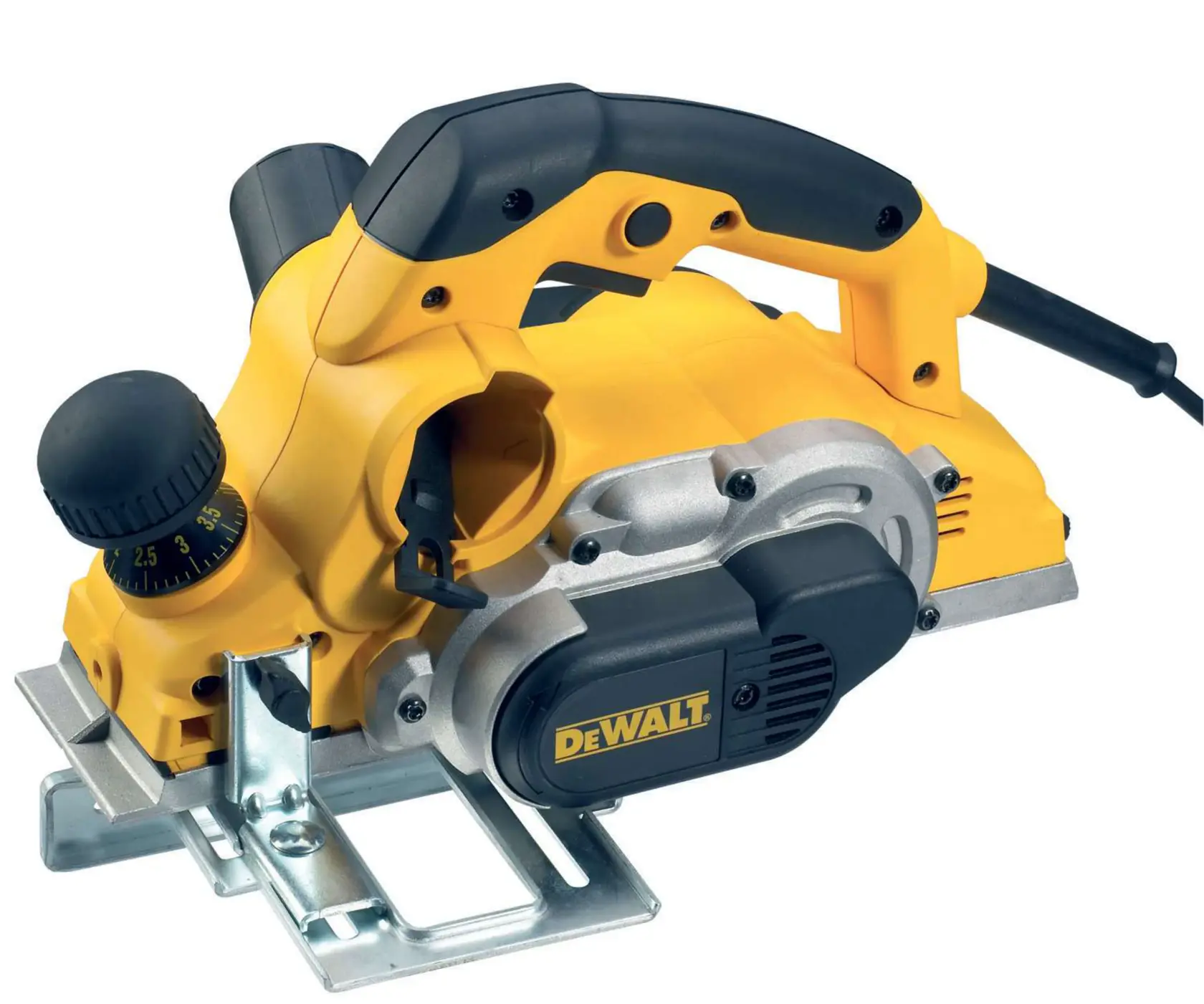 Plaina DEWALT D26500, D26500-QS amarela e preta, mostrada para fotografia.