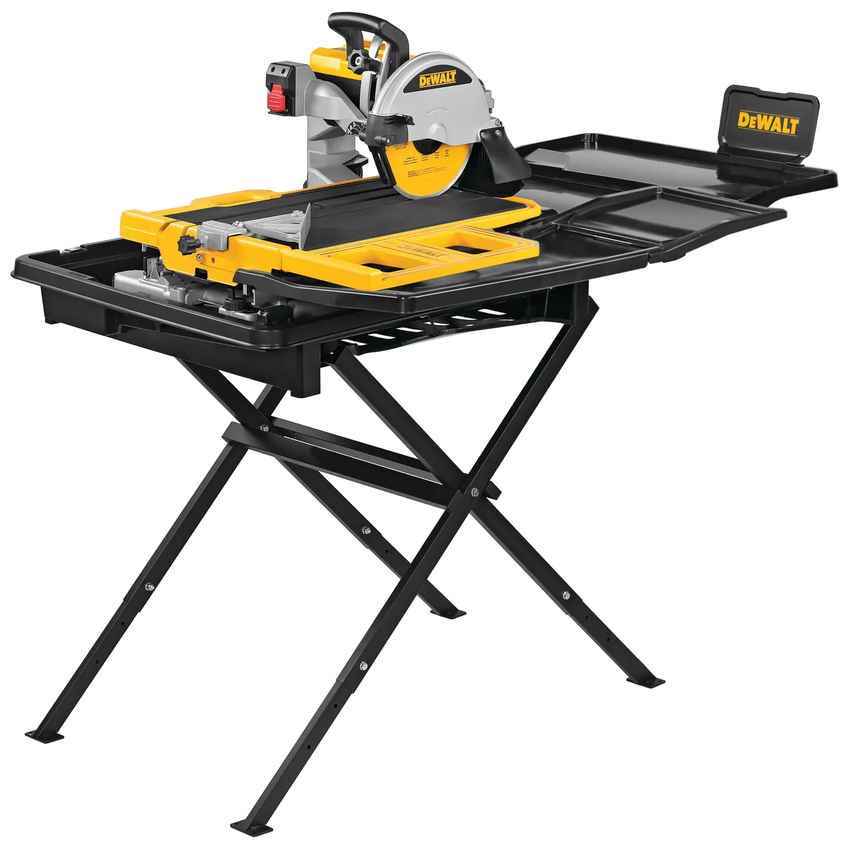 Uma serra de cortar azulejos da marca DEWALT com design amarelo e preto, montada em um suporte dobrável. A serra possui uma lâmina circular e uma superfície de trabalho espaçosa com bandejas de água para resfriamento. É projetada para cortes profissionais de azulejos.