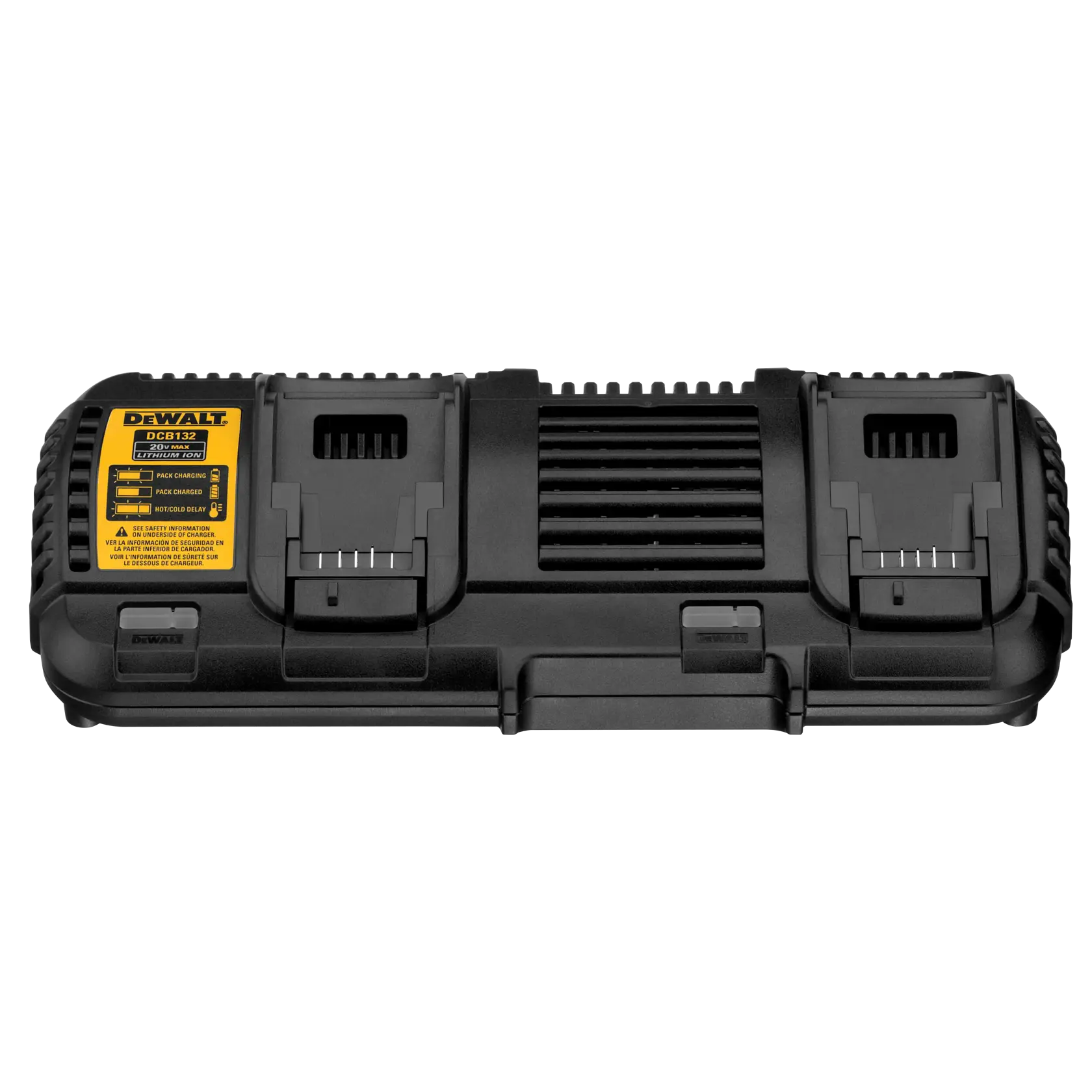 Vista frontal de un cargador doble de baterías DEWALT DCB132, que presenta dos ranuras de carga separadas y una etiqueta amarilla del producto en el lado izquierdo, diseñado para cargar baterías de litio-ion.