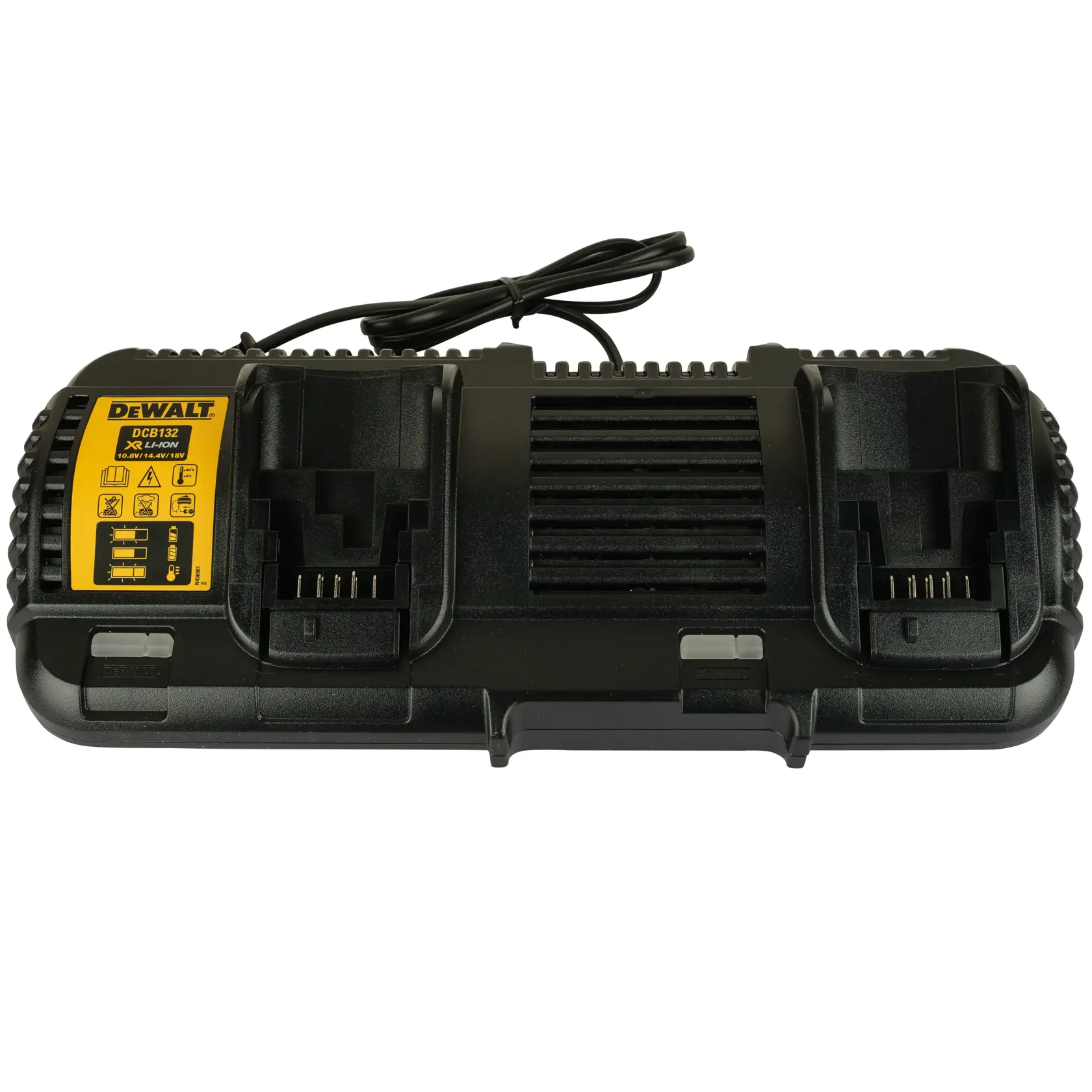Cargador doble DEWALT DCB132 negro con etiqueta amarilla y cable, vista frontal.