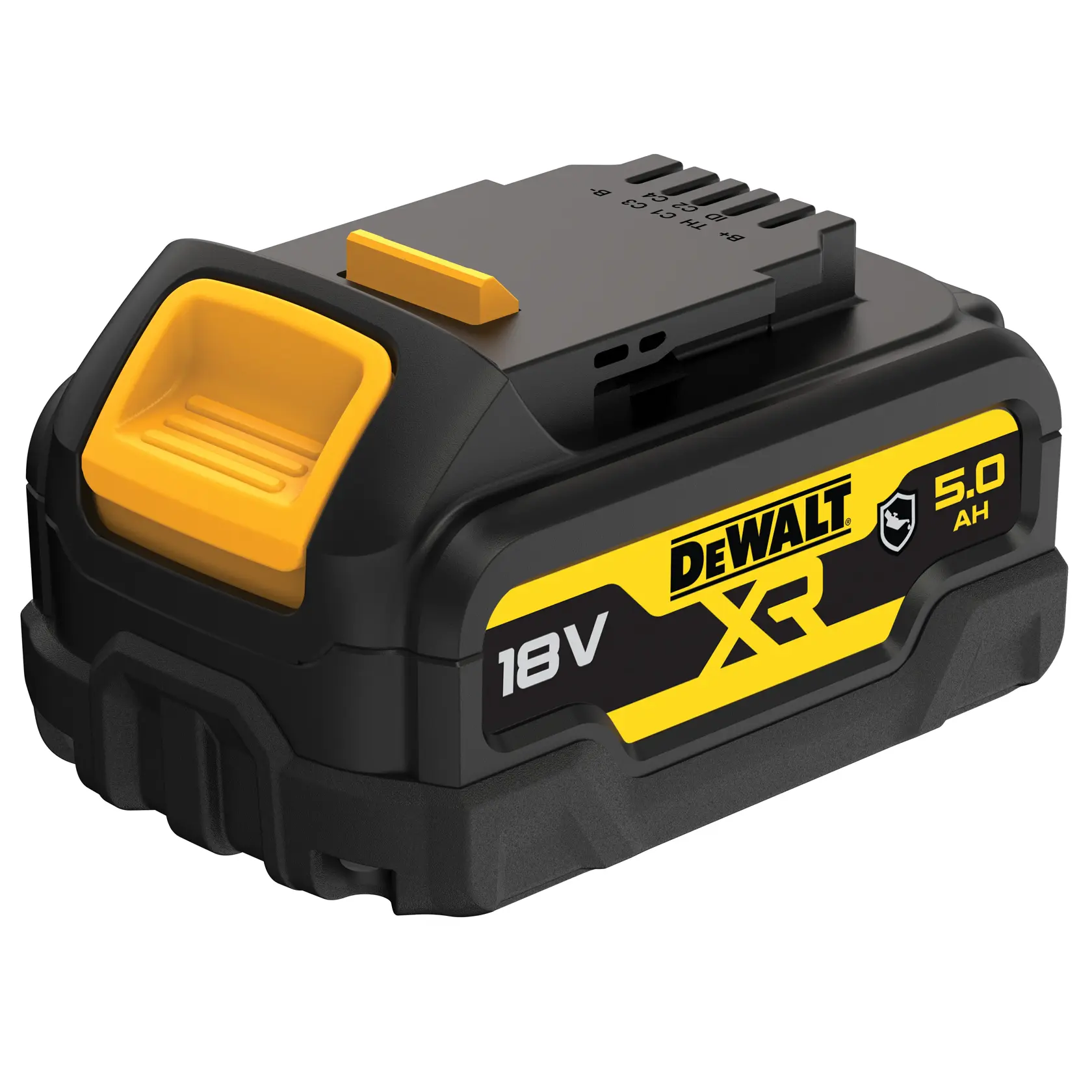 Bateria recarregável DEWALT XR 18V 5,0Ah para ferramentas elétricas, com design preto e amarelo e a marca na lateral.