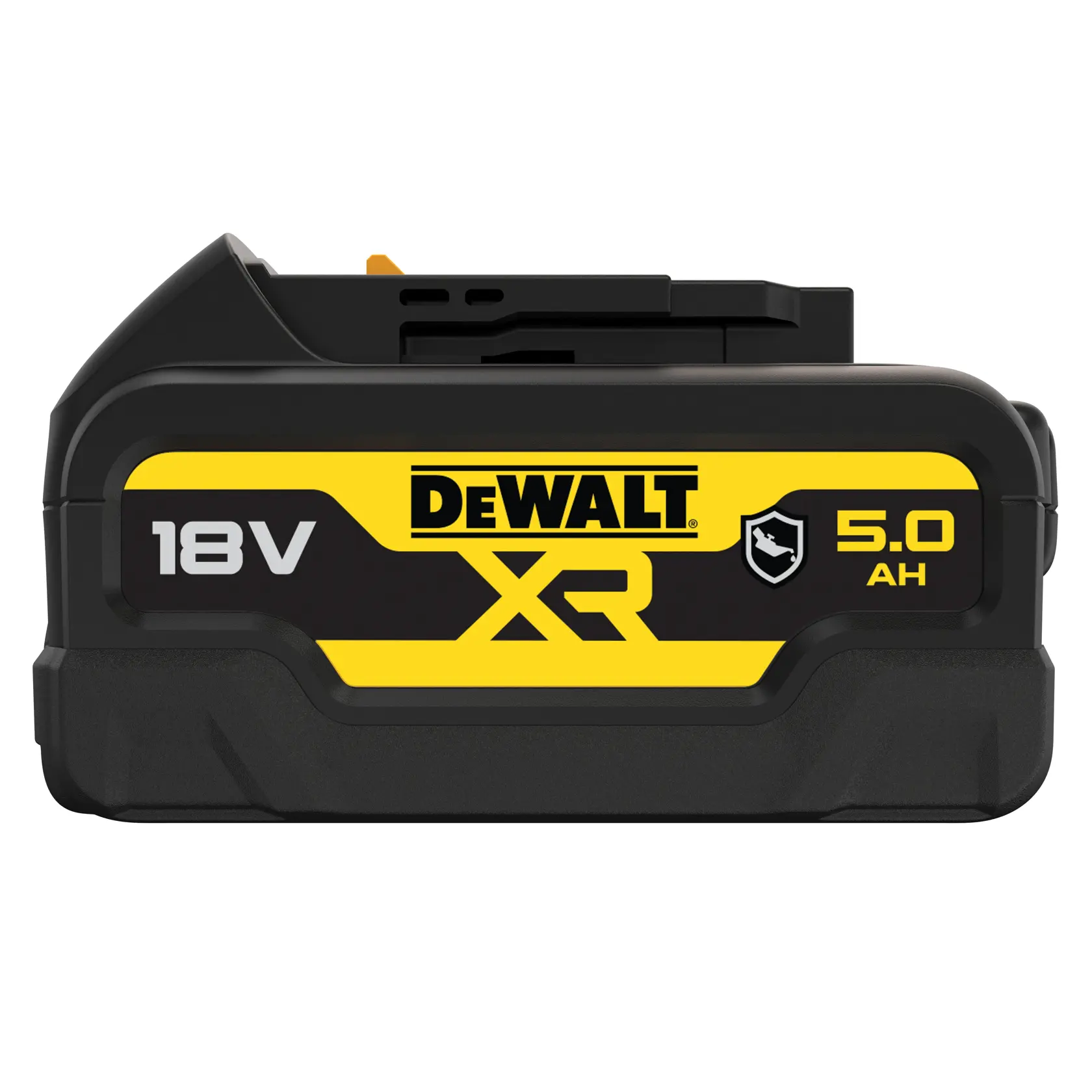 Bateria recarregável para ferramenta elétrica DEWALT XR 18V 5.0Ah, preta com marcação amarela e ícone de design durável.