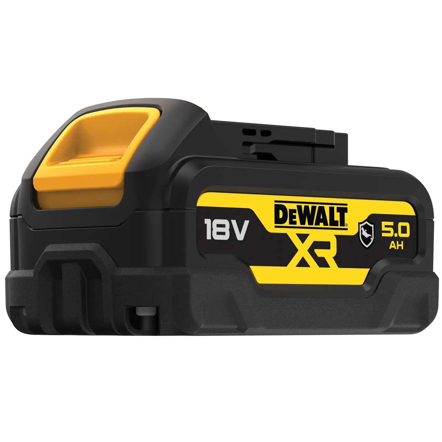 Uma bateria recarregável DEWALT XR 18V 5,0Ah, com design preto e amarelo e informações de marca e especificações técnicas exibidas na lateral.