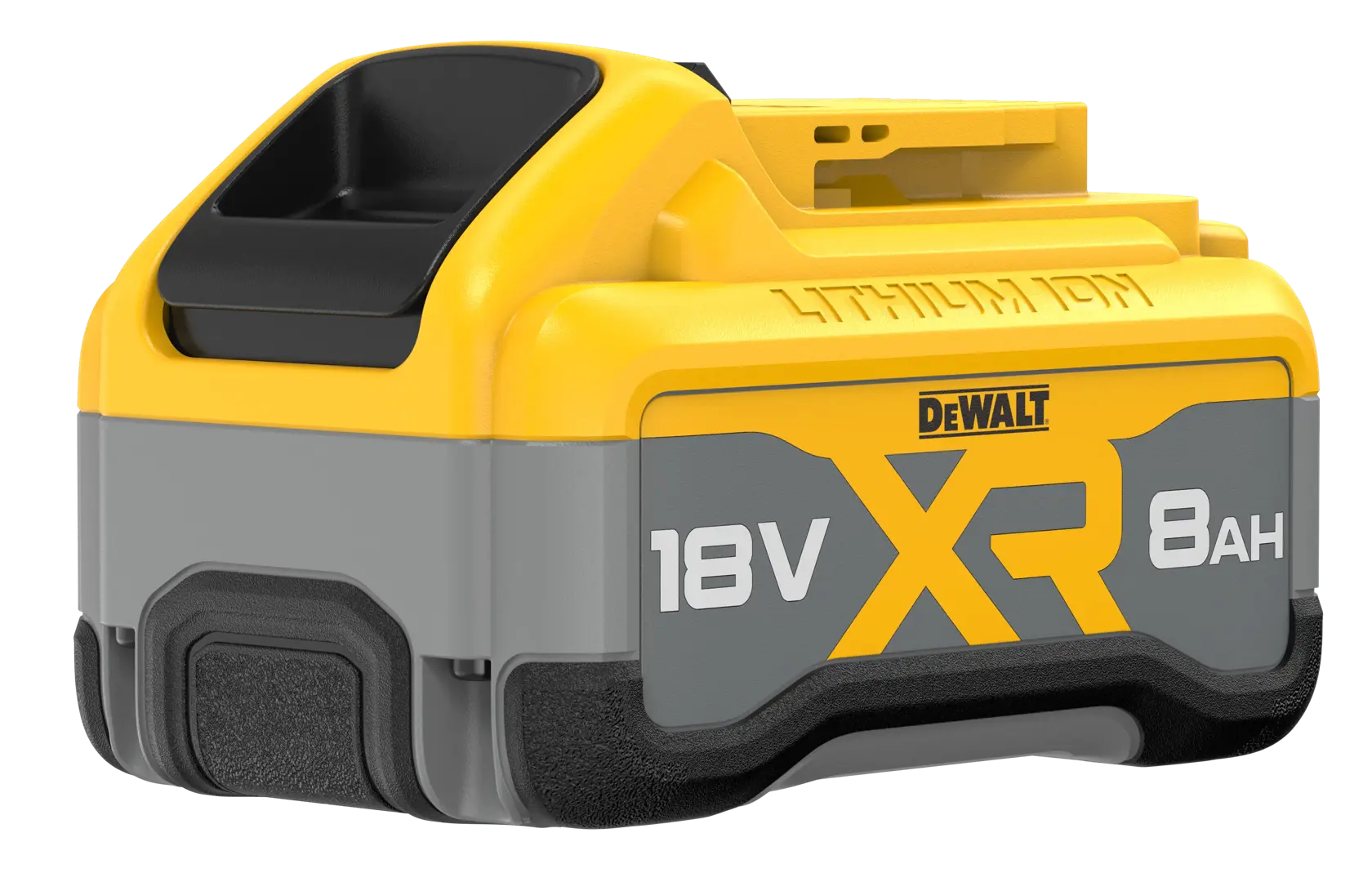 Bateria DEWALT XR 18V 8Ah de íon de lítio, amarela e cinza, compacta para ferramentas.