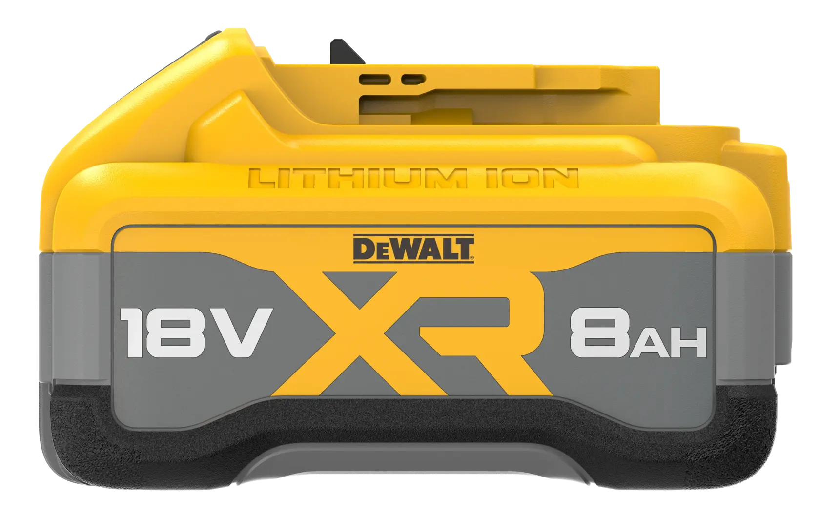 Bateria de íons de lítio DEWALT 18V XR 8Ah para ferramentas, amarela e cinza, vista frontal.