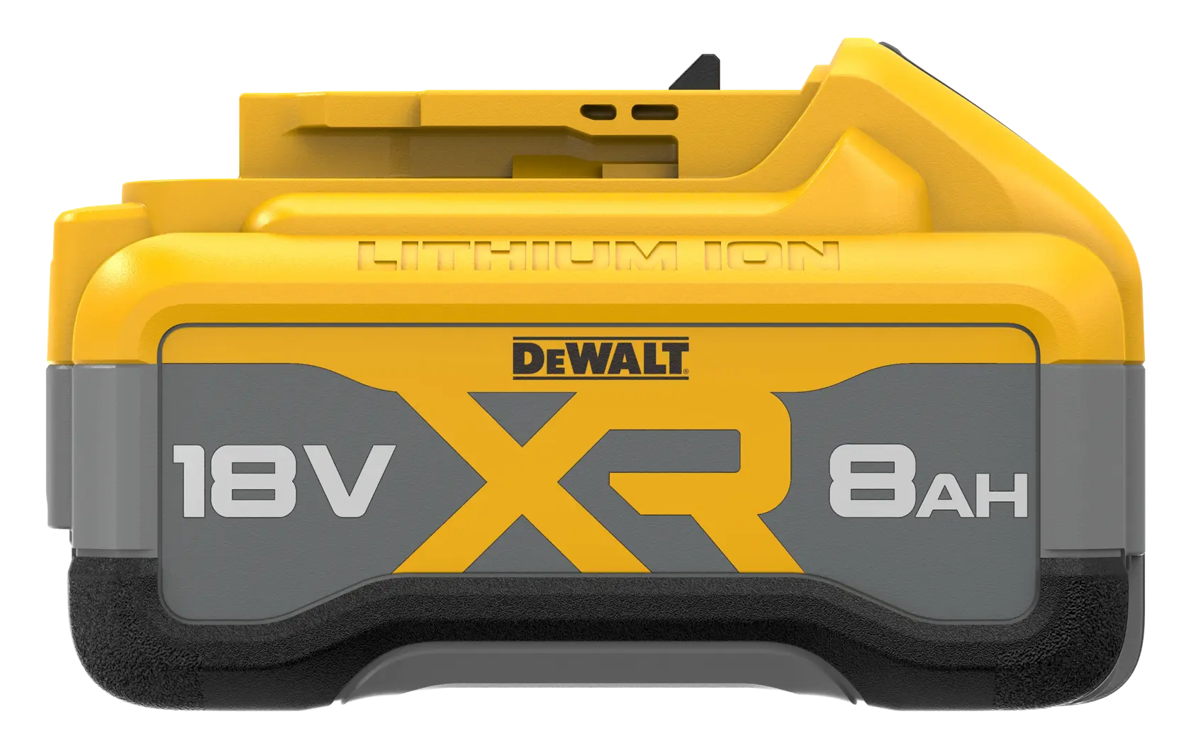 Bateria DEWALT 18V XR 8Ah de íons de lítio, amarela e cinza, vista frontal.