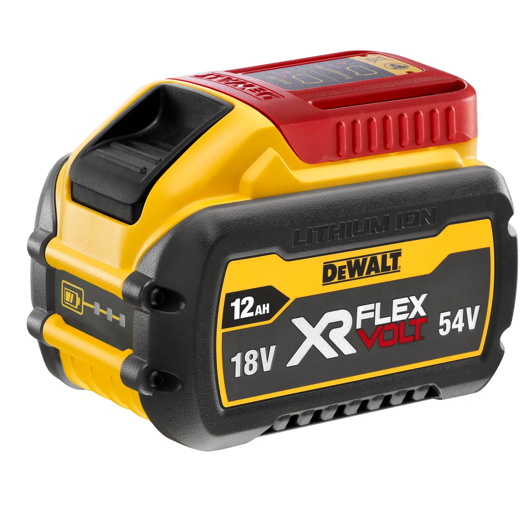 Batería de litio DEWALT XR FLEXVOLT, modelo DCB548, con capacidad de 12Ah y potencia seleccionable de 18V o 54V, mostrada en colores amarillo, negro y rojo con etiquetado de la marca.