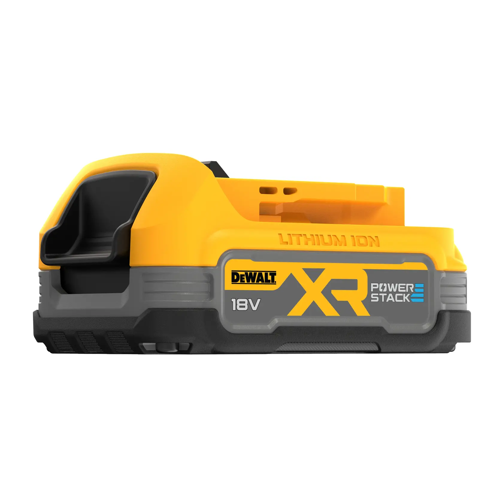 Bateria DEWALT XR POWERSTACK 18V de íon de lítio, amarela e cinza, sobre fundo branco.