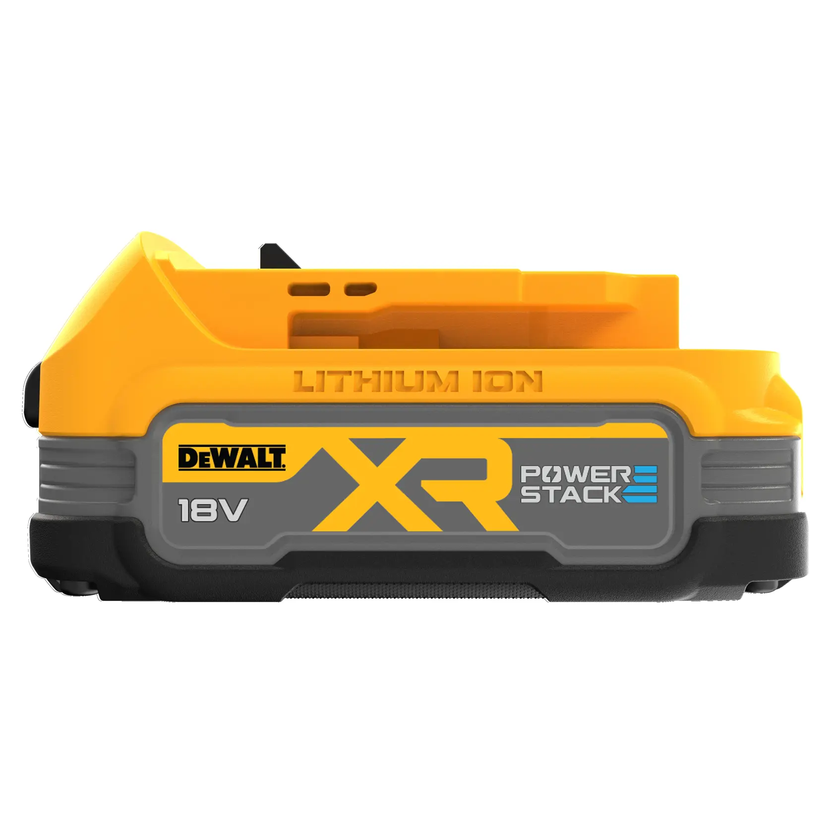Bateria DEWALT 18V XR Powerstack de íon de lítio, amarela e preta, vista lateral com etiqueta.