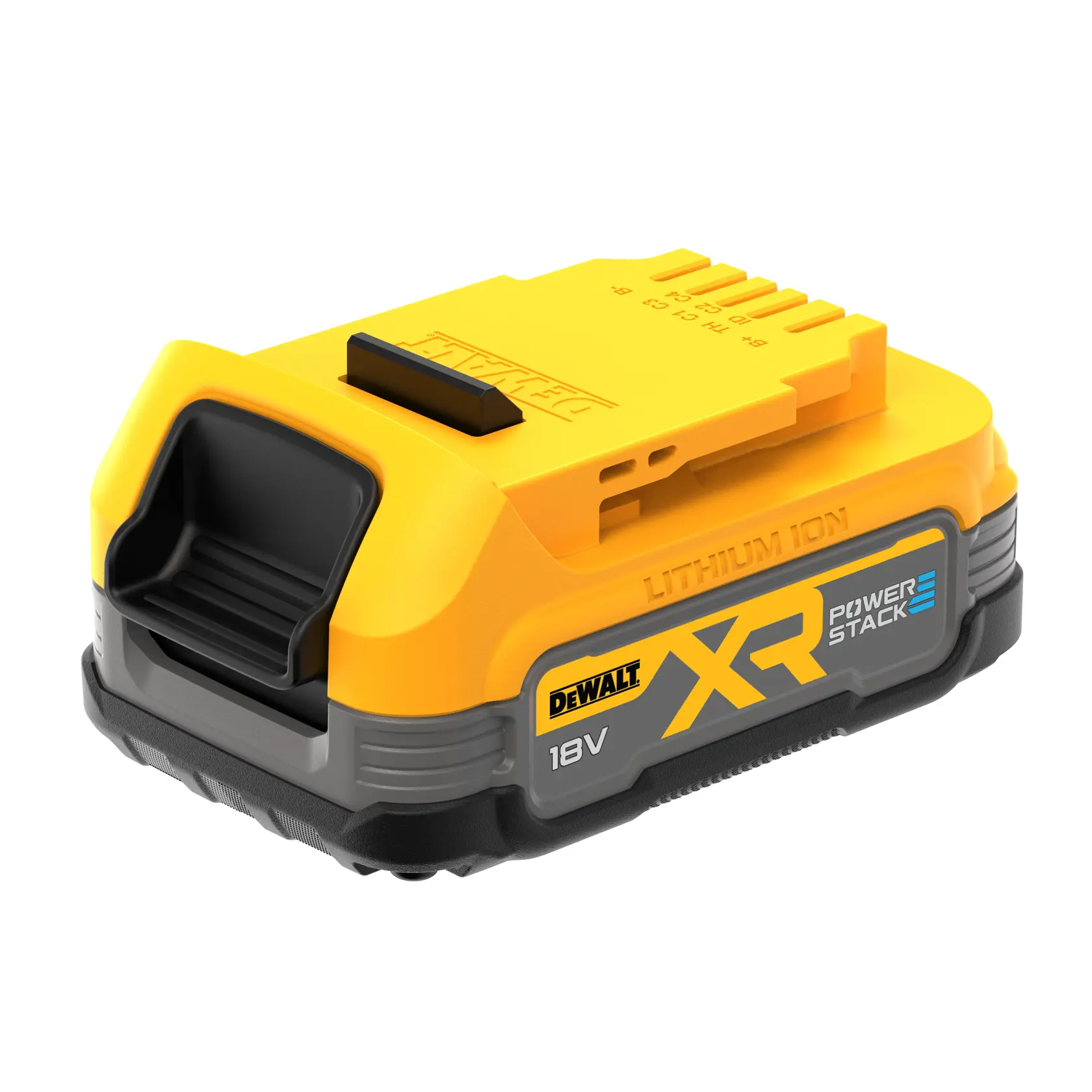Bateria DEWALT XR POWERSTACK 18V íon de lítio amarela e preta, design compacto.
