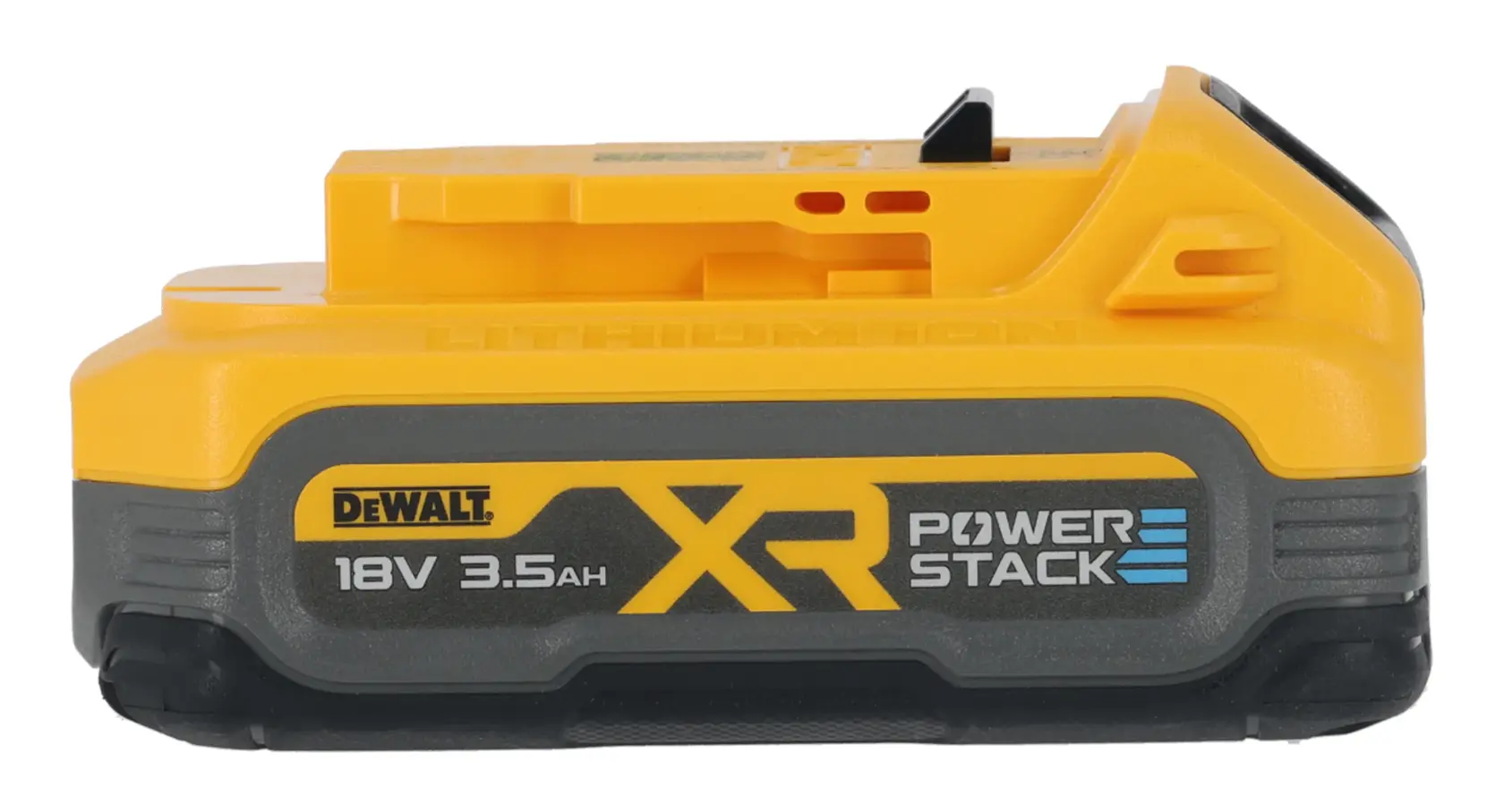 Bateria DEWALT XR Powerstack 18V 3.5Ah de íons de lítio para ferramentas, design amarelo e preto.
