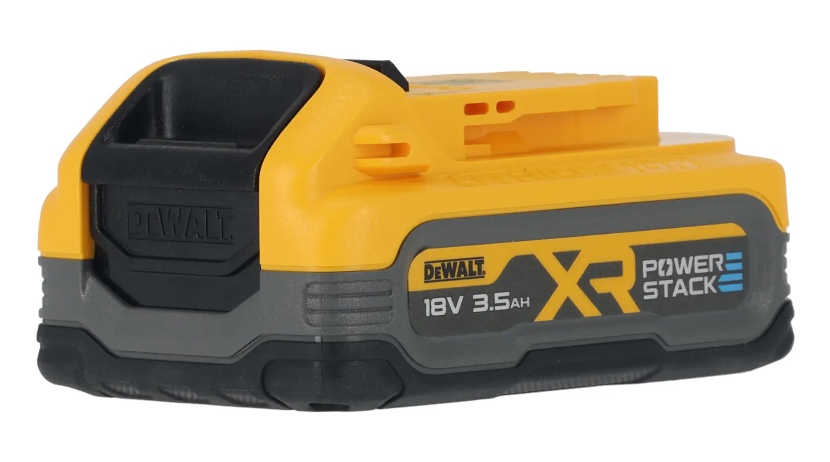 Bateria DEWALT 18V XR Powerstack 3,5Ah com invólucro amarelo e preto, vista lateral.