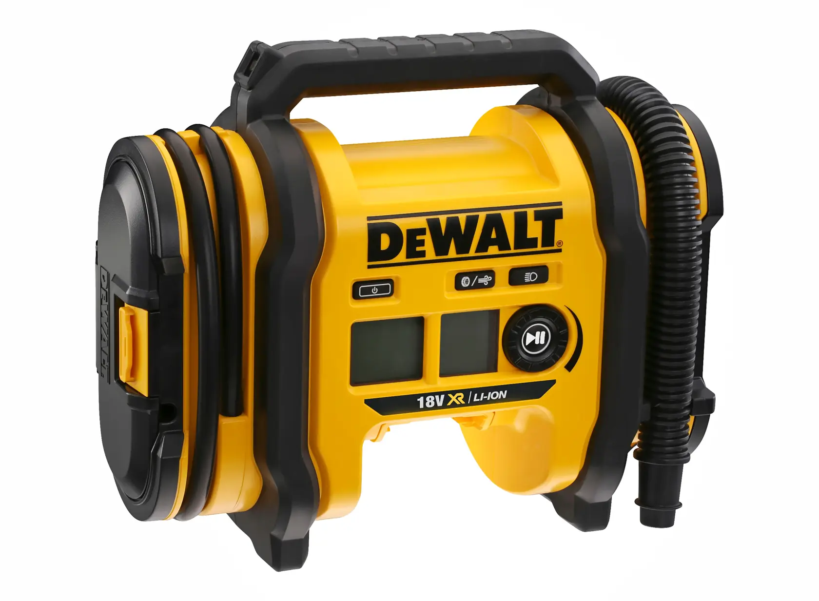 Um compressor de ar portátil DEWALT 18V XR Li-Ion com alça, visor digital e mangueira, mostrado sobre um fundo branco.