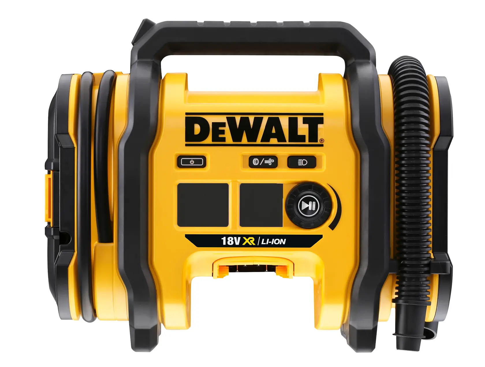 Vista frontal de um insuflador de ar portátil DEWALT 18V XR Li-Ion com alça na parte superior, mangueira preta acoplada e botões de controlo na frente.