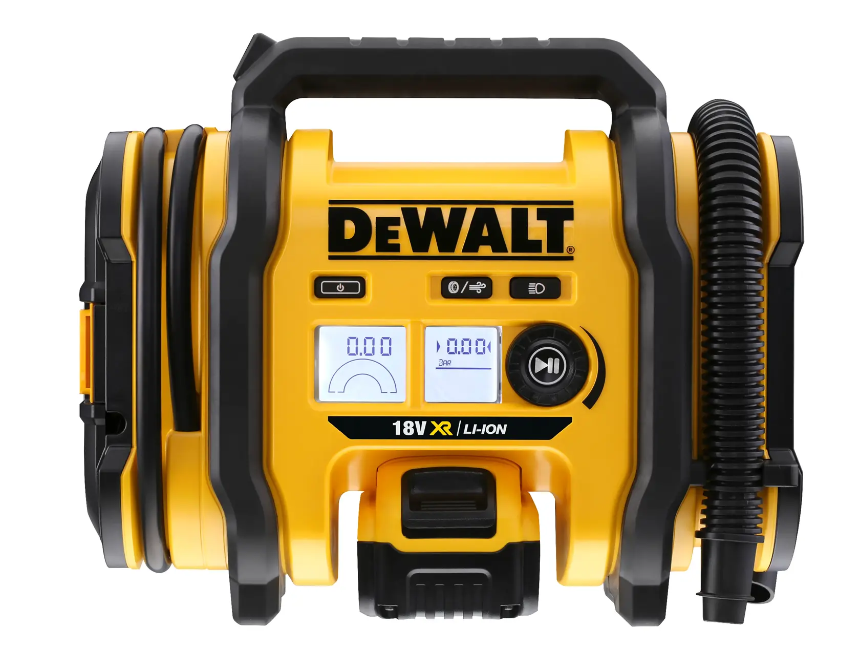 Vista frontal de um compressor de ar portátil DEWALT 18V XR Li-Ion com visor digital, corpo amarelo e preto e mangueira flexível acoplada.