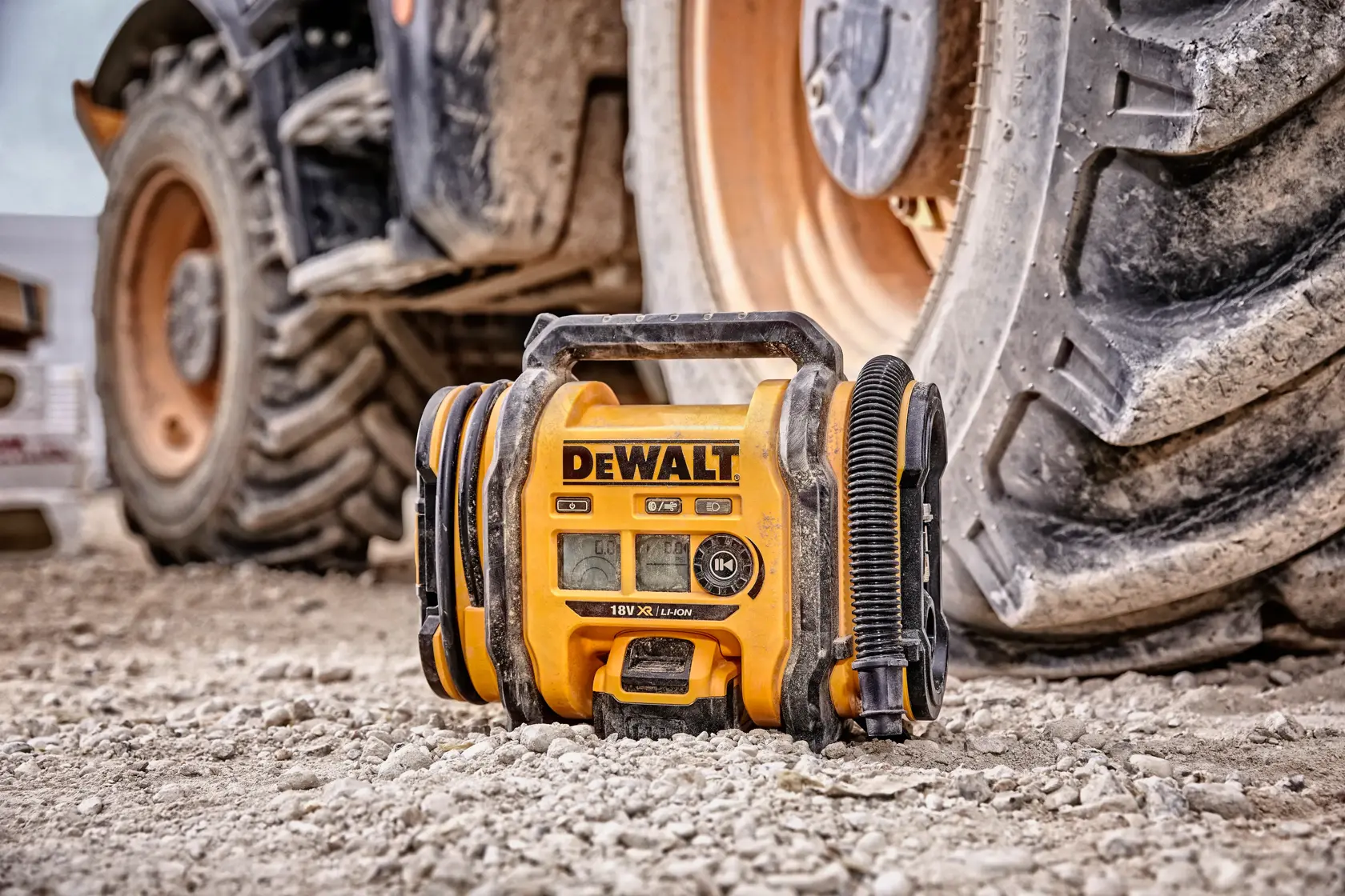 Um compressor de ar portátil DEWALT (modelo DCC018N) está sobre o chão áspero de um canteiro de obras ao lado de um grande pneu de veículo.