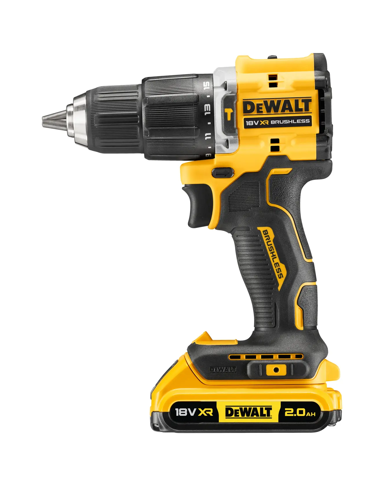 Taladro inalámbrico DEWALT 18V XR amarillo y negro con batería de 2.0Ah, sobre fondo blanco.