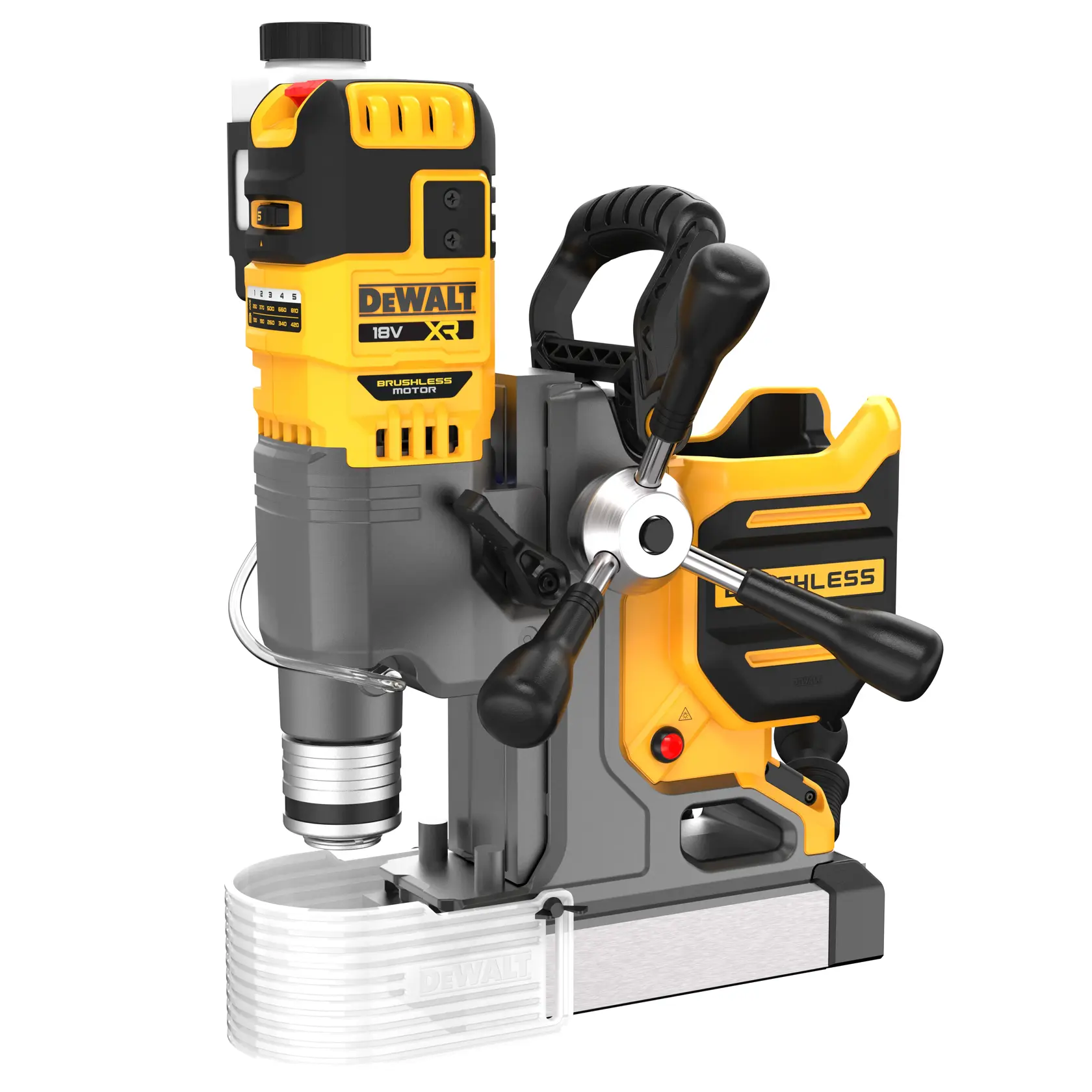Furadeira magnética DEWALT 18V sem fio, motor brushless, amarela e preta, em fundo branco.