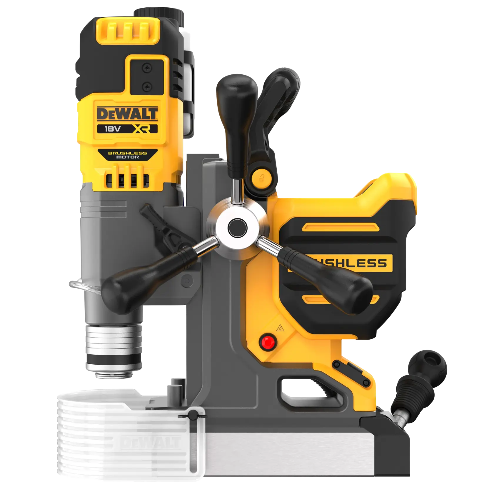 Furadeira magnética brushless DEWALT DCD1623N amarela e preta, lateral, três alças.