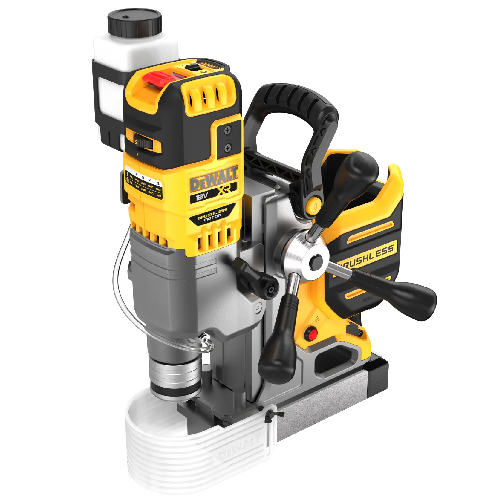 Furadeira magnética DEWALT DCD1623N 18V brushless com alça e botões sobre fundo branco.