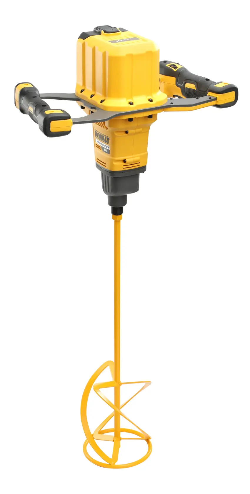 Mezclador de paleta inalámbrico amarillo y negro con dos mangos, utilizado para mezclar materiales de construcción. La herramienta se muestra sobre un fondo blanco.