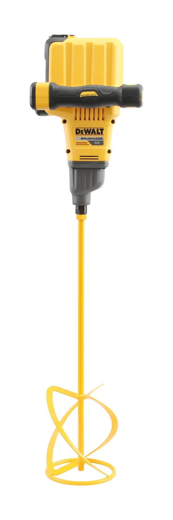 Mezclador inalámbrico DEWALT con eje amarillo y accesorio espiral sobre fondo blanco.