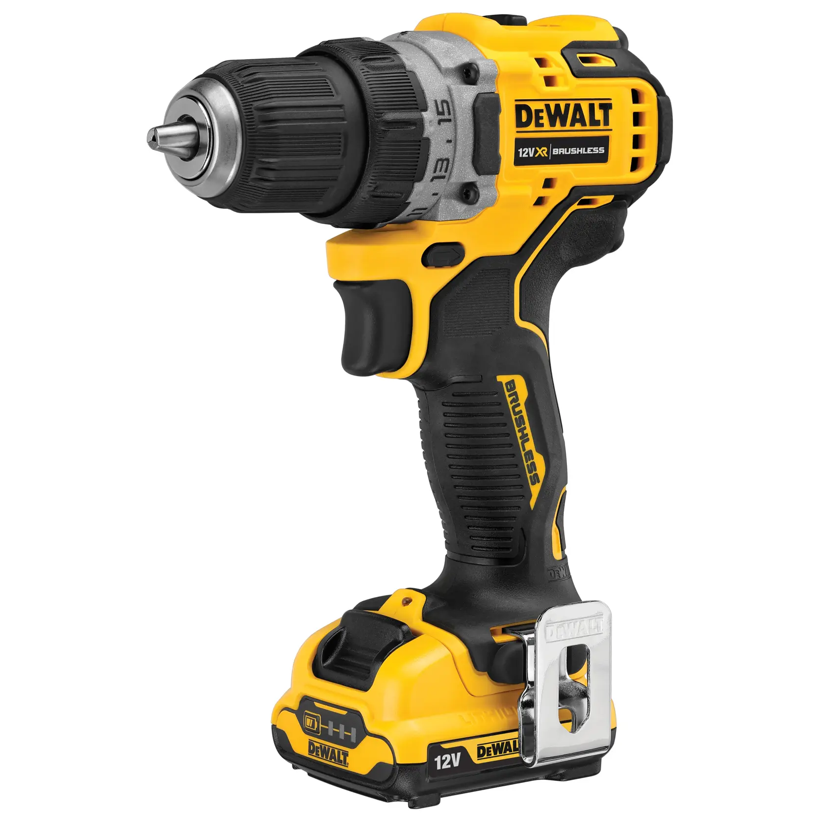 Furadeira DEWALT amarela e preta sem fio, bateria 12V e motor brushless, para tarefas de precisão.