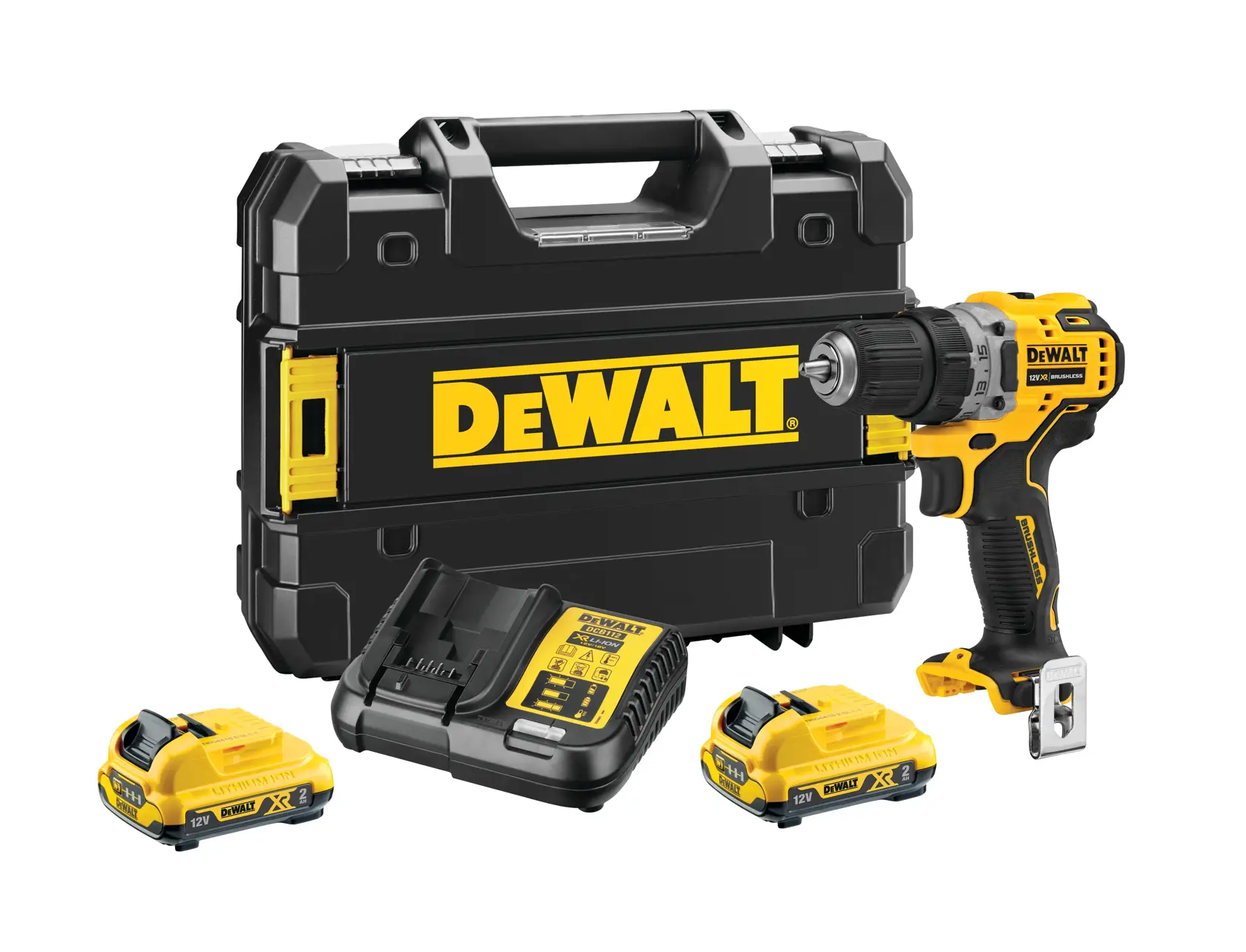 Kit de furadeira sem fio DEWALT incluindo uma furadeira preta e amarela, duas baterias recarregáveis, um carregador de baterias e uma maleta de transporte preta resistente com o logotipo DEWALT.