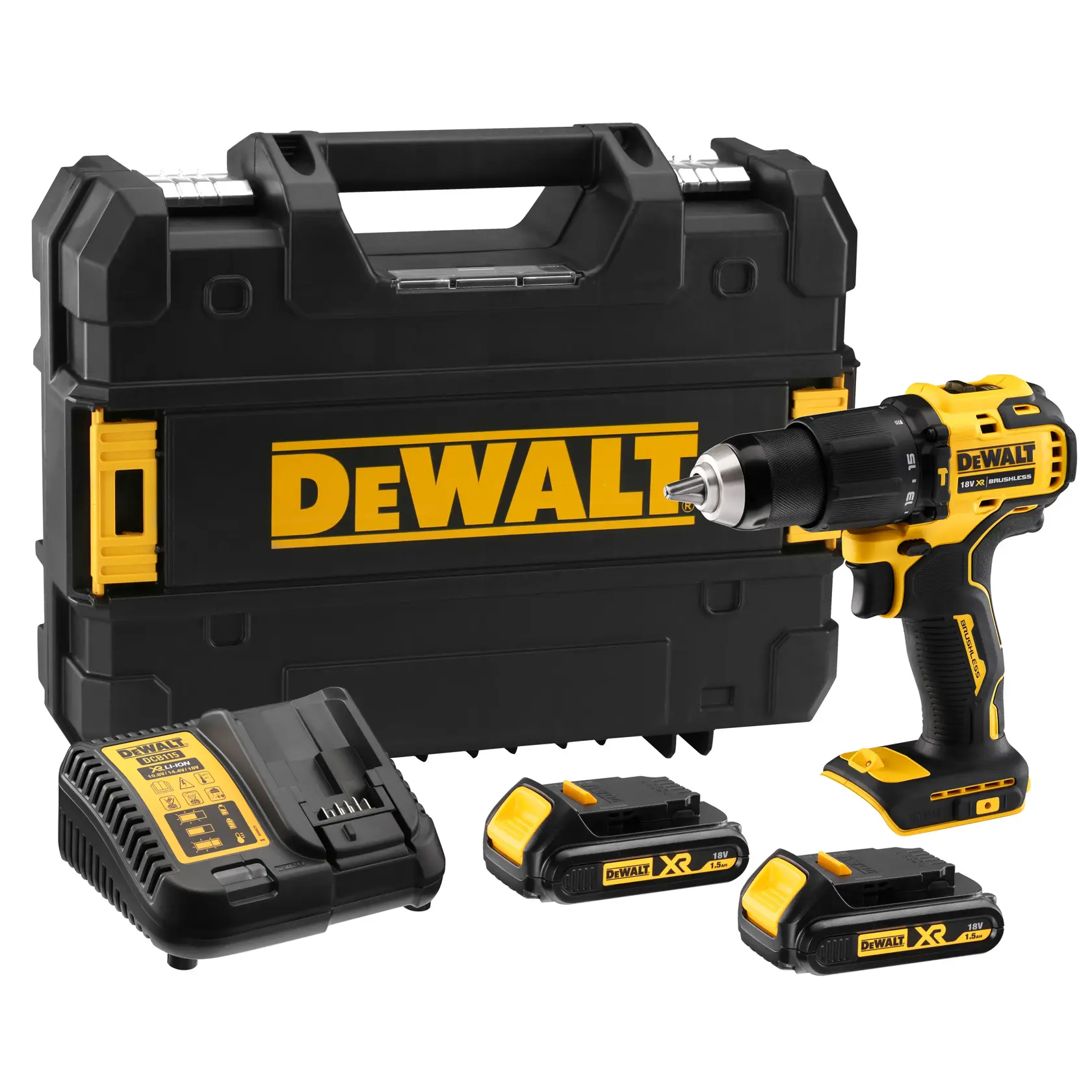 Kit de furadeira sem fio DEWALT incluindo furadeira preta e amarela, maleta de transporte, carregador de bateria e duas baterias recarregáveis.