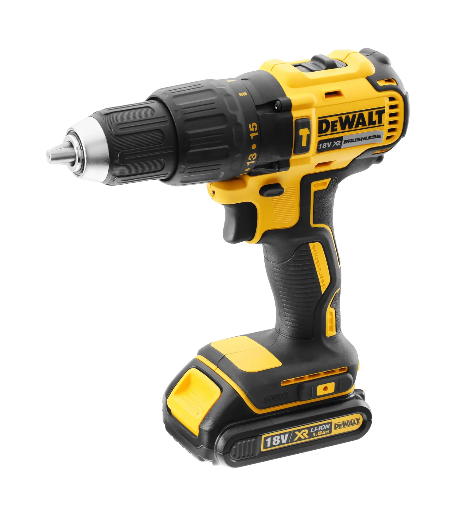 Taladro inalámbrico DEWALT 18V, motor sin escobillas, negro y amarillo, sobre fondo blanco.