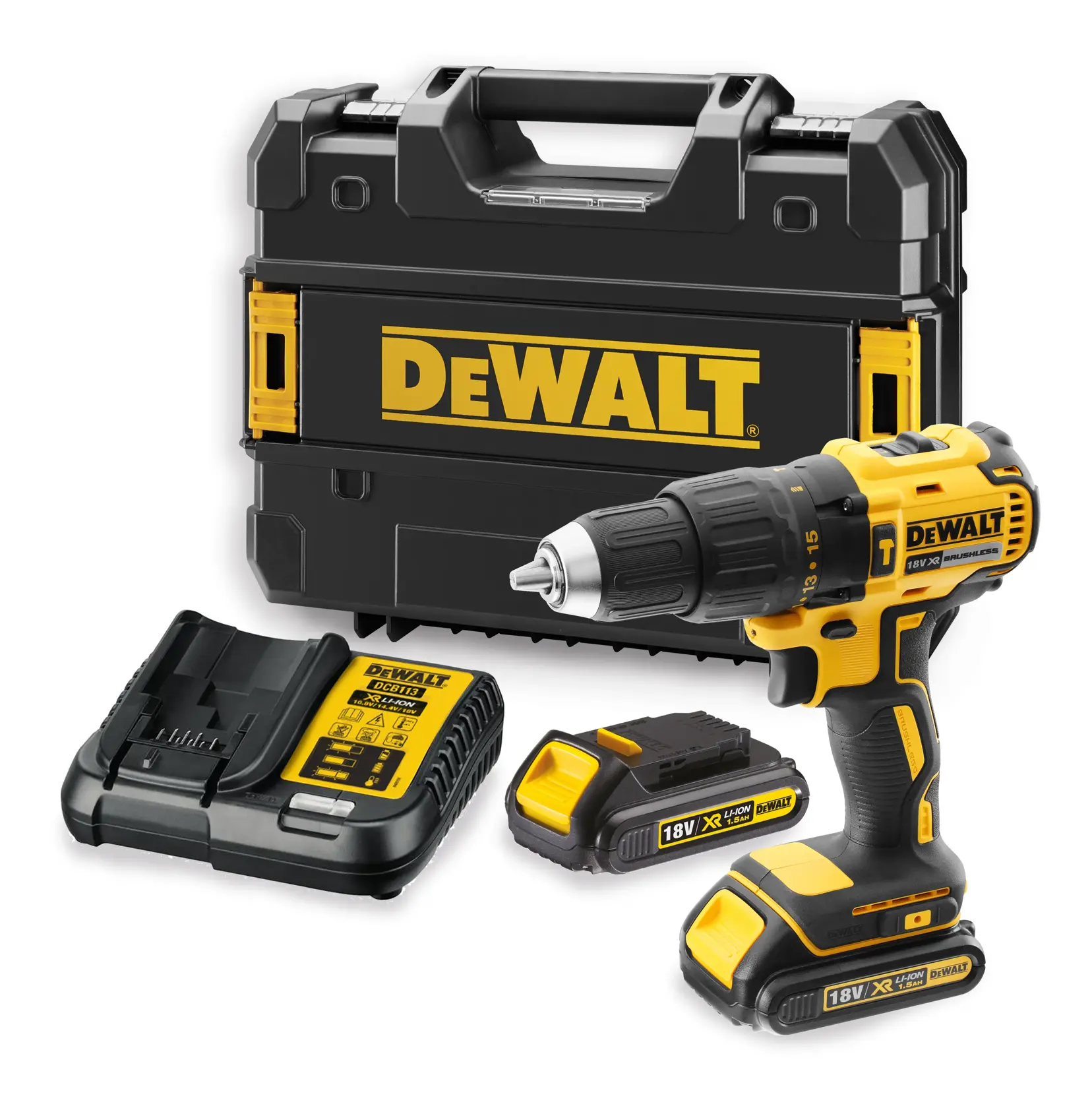 Set de taladro compacto DEWALT 18V con estuche, cargador y dos baterías XR Li-Ion, diseño negro y amarillo.