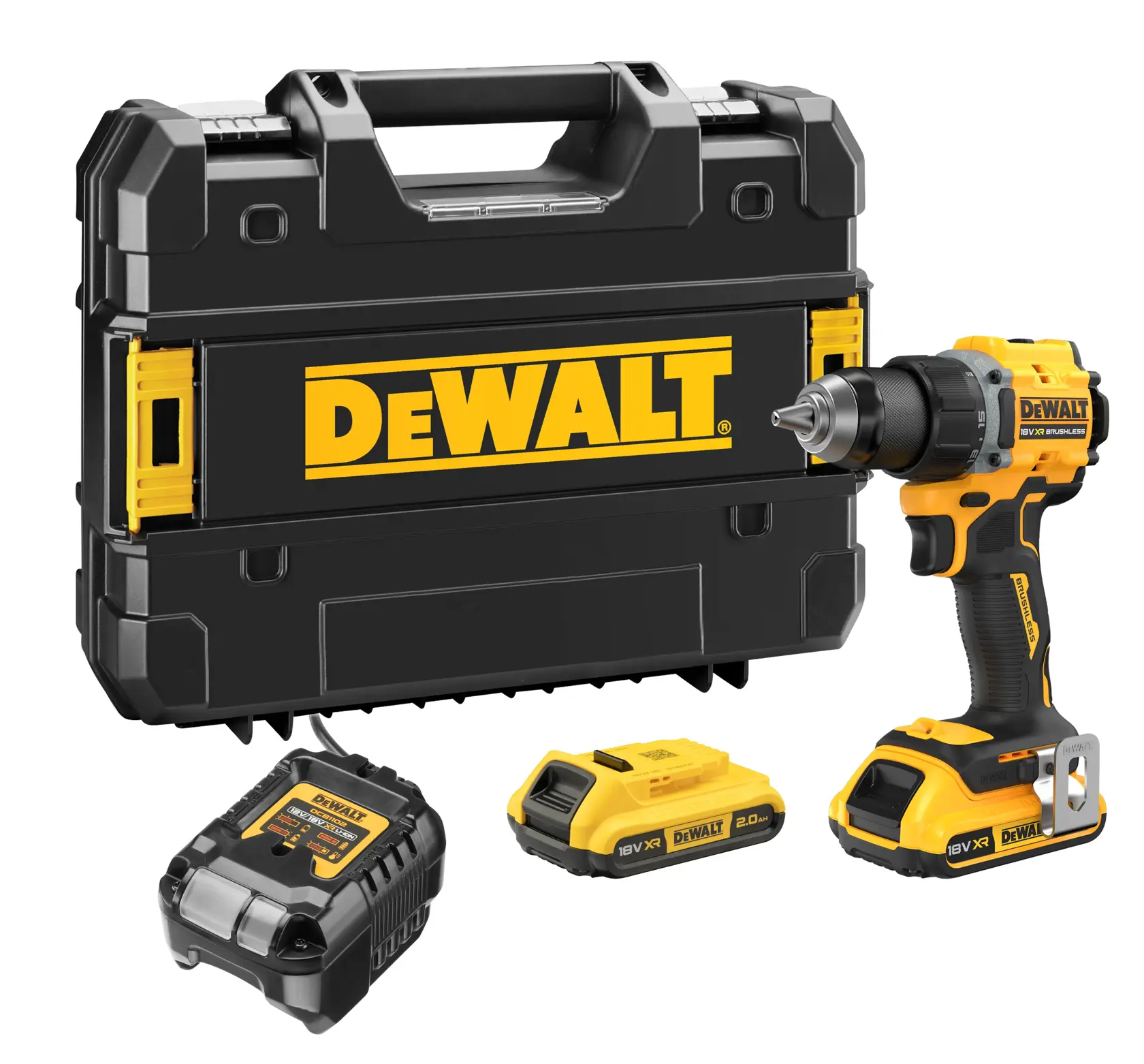 Conjunto de furadeira sem fio DEWALT incluindo uma furadeira elétrica preta e amarela, duas baterias, um carregador e uma maleta de transporte preta robusta com a marca DEWALT.