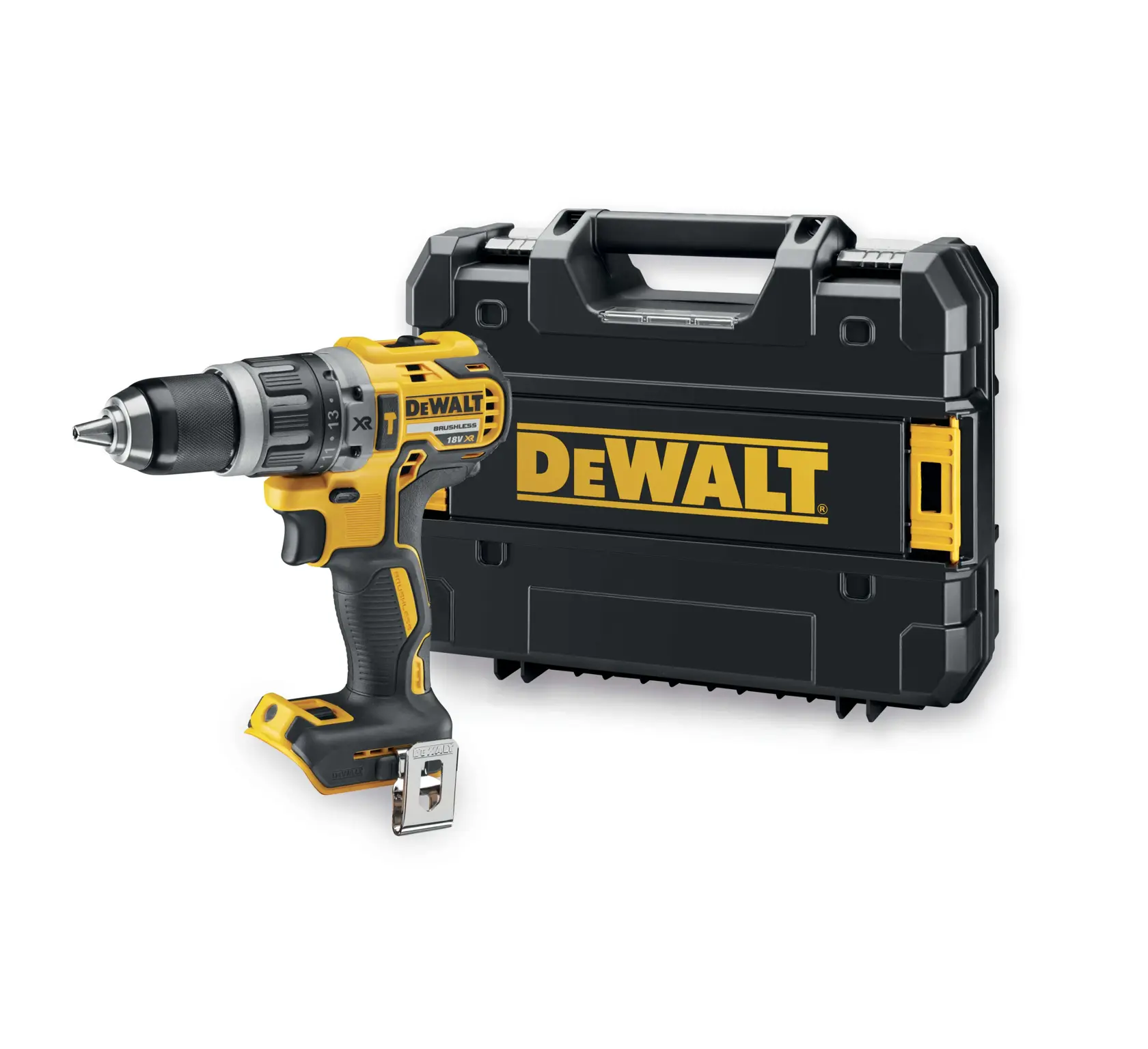 Un taladro inalámbrico DEWALT de diseño negro y amarillo está colocado frente a un estuche de transporte a juego con el logotipo DEWALT.