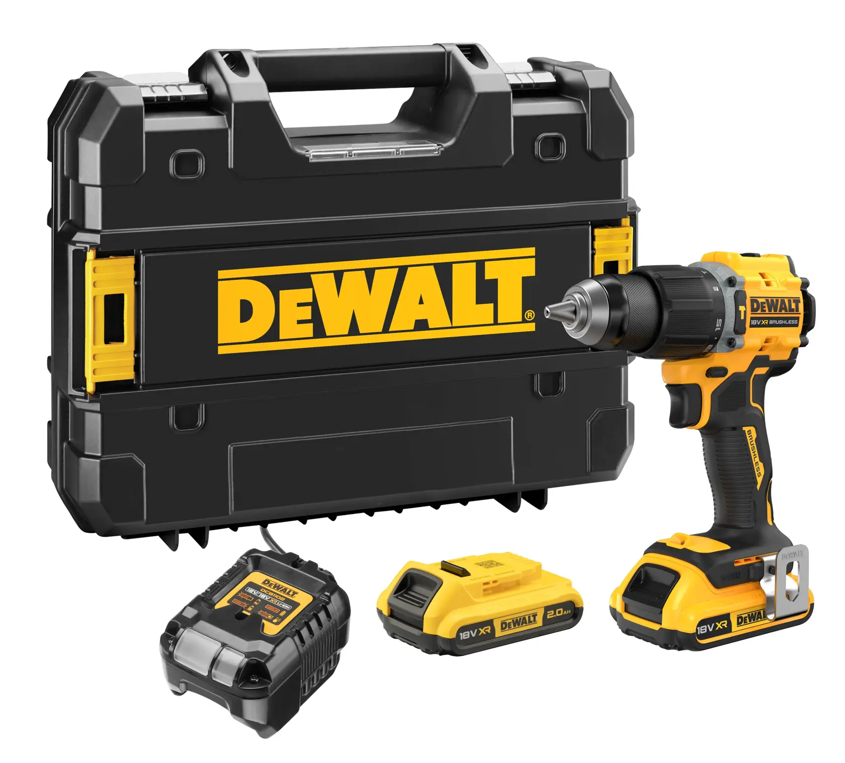 Um kit de furadeira sem fio DEWALT, incluindo uma furadeira sem fio amarela e preta, duas baterias recarregáveis, um carregador de bateria e uma maleta de transporte preta robusta com o logotipo DEWALT.