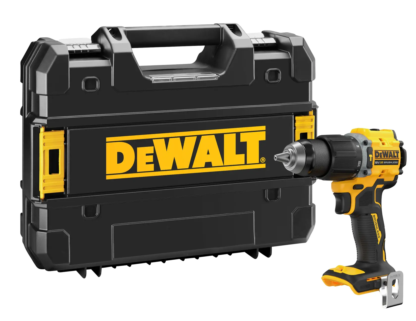 Uma furadeira sem fio DEWALT acompanhada de uma maleta rígida preta e amarela. A furadeira está ao lado da maleta, que exibe o logotipo DAWALT em destaque na cor amarela.