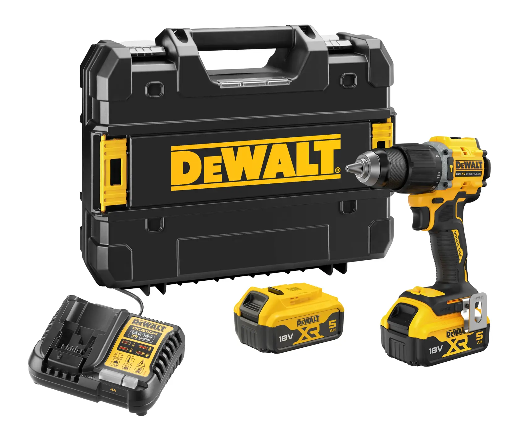 Kit de furadeira sem fio DEWALT com uma maleta de transporte preta, duas baterias de íon de lítio XR 18V, um carregador de bateria e uma furadeira elétrica amarela e preta.