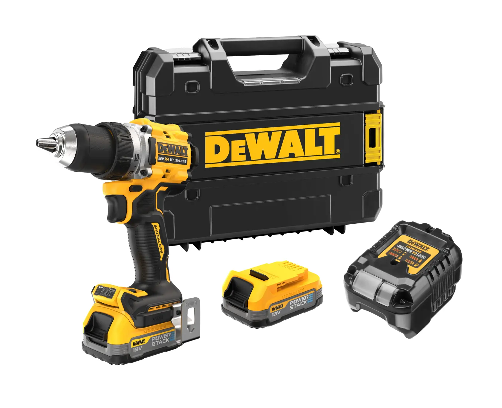 Um kit de furadeira sem fio DEWALT 18V com estojo de transporte, duas baterias POWERSTACK e um carregador, exibido sobre um fundo branco.